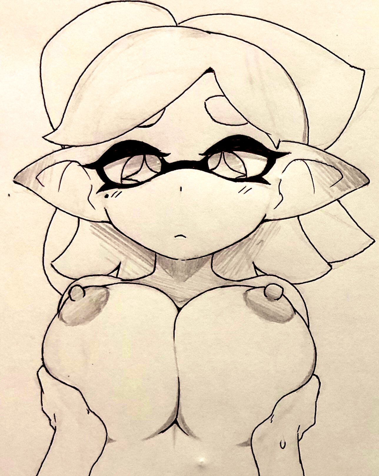 1girls, big breasts, breast grab, breasts, female, groping, handdrawn, looking at viewer, marie (splatoon), nintendo, nipples, nobunagapero, peronattu, splatoon, staring at viewer