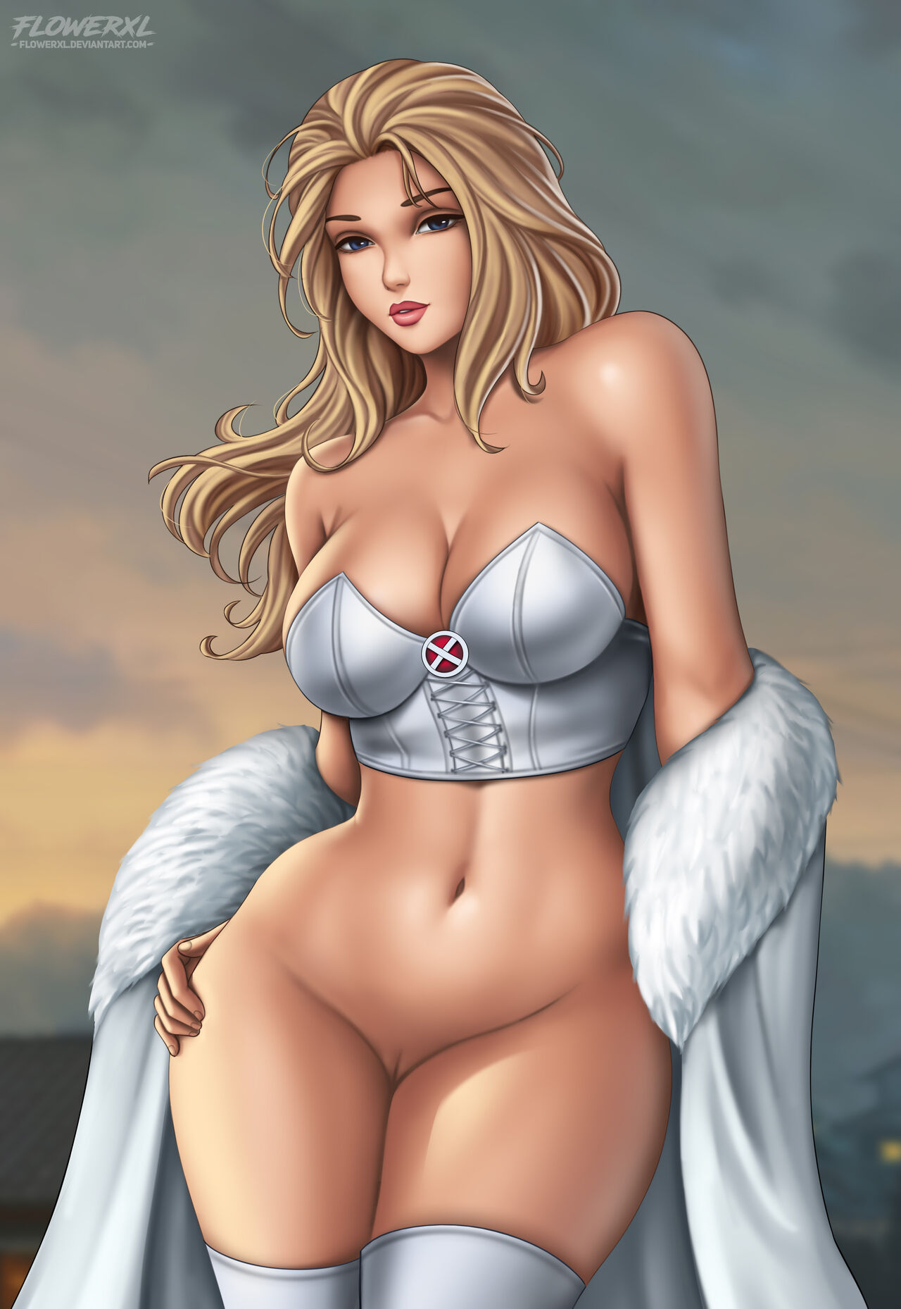 1girls alternate_version_available artist_logo big_breasts black_eyebrows blonde_female blonde_hair blue_eyes bottomless breasts coat comic_book_character detailed_background emma_frost female female_only flowerxl hand_on_thigh large_breasts long_hair marvel marvel_comics no_panties pale-skinned_female pussy solo thighs white_clothing white_high_heels white_queen white_topwear widescreen x-men