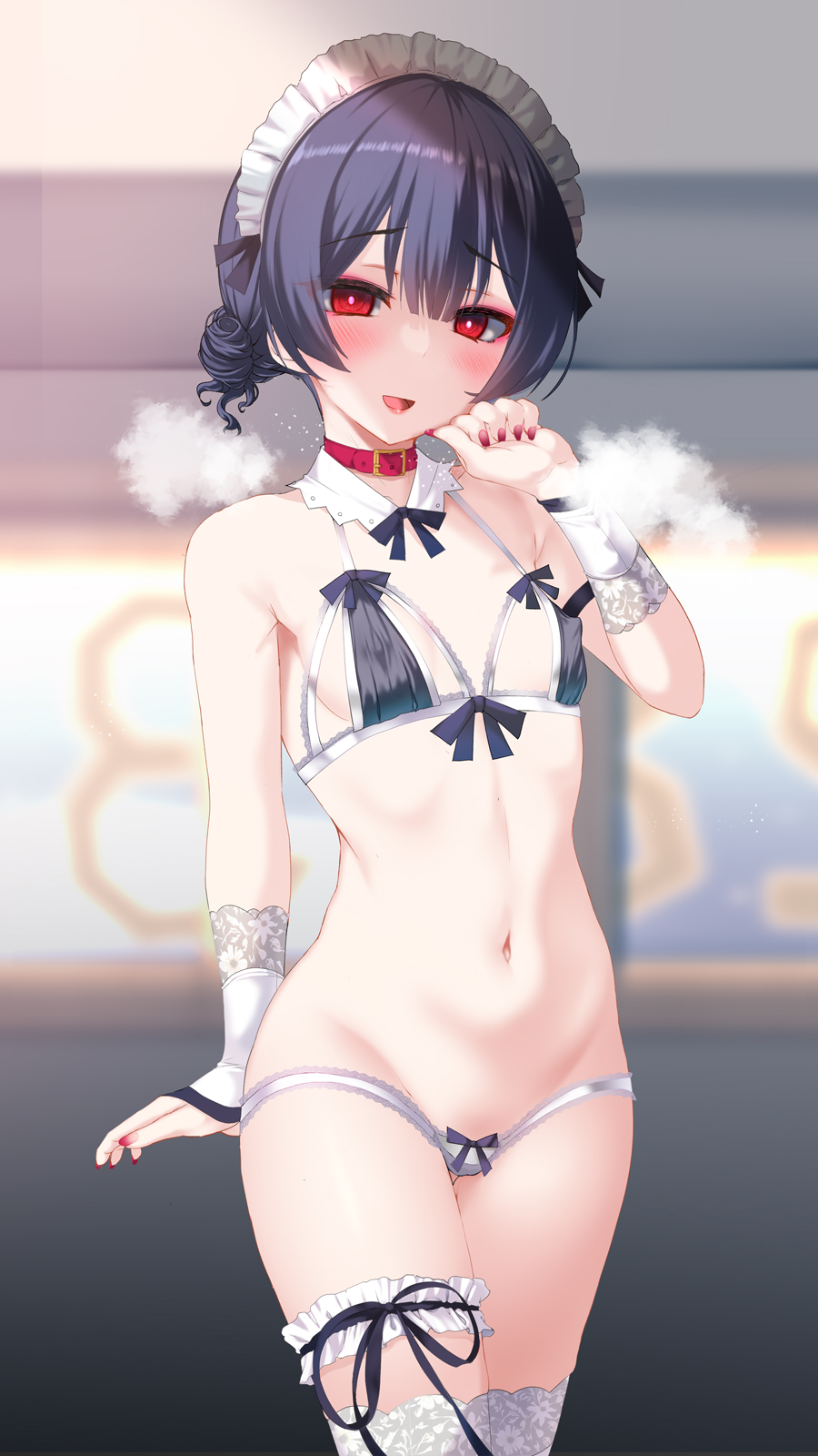 1girls belly_button bikini bikini_bottom bikini_top black_hair blush bow breasts choker female_focus flat_chest idolmaster idolmaster_shiny_colors maid maid_bikini maid_headdress maid_outfit morino_rinze nail_polish navel nipple_bulge okuri_banto open_mouth painted_nails red_eyes ribbon short_hair skinny small_breasts solo solo_focus steam thighhighs thighs