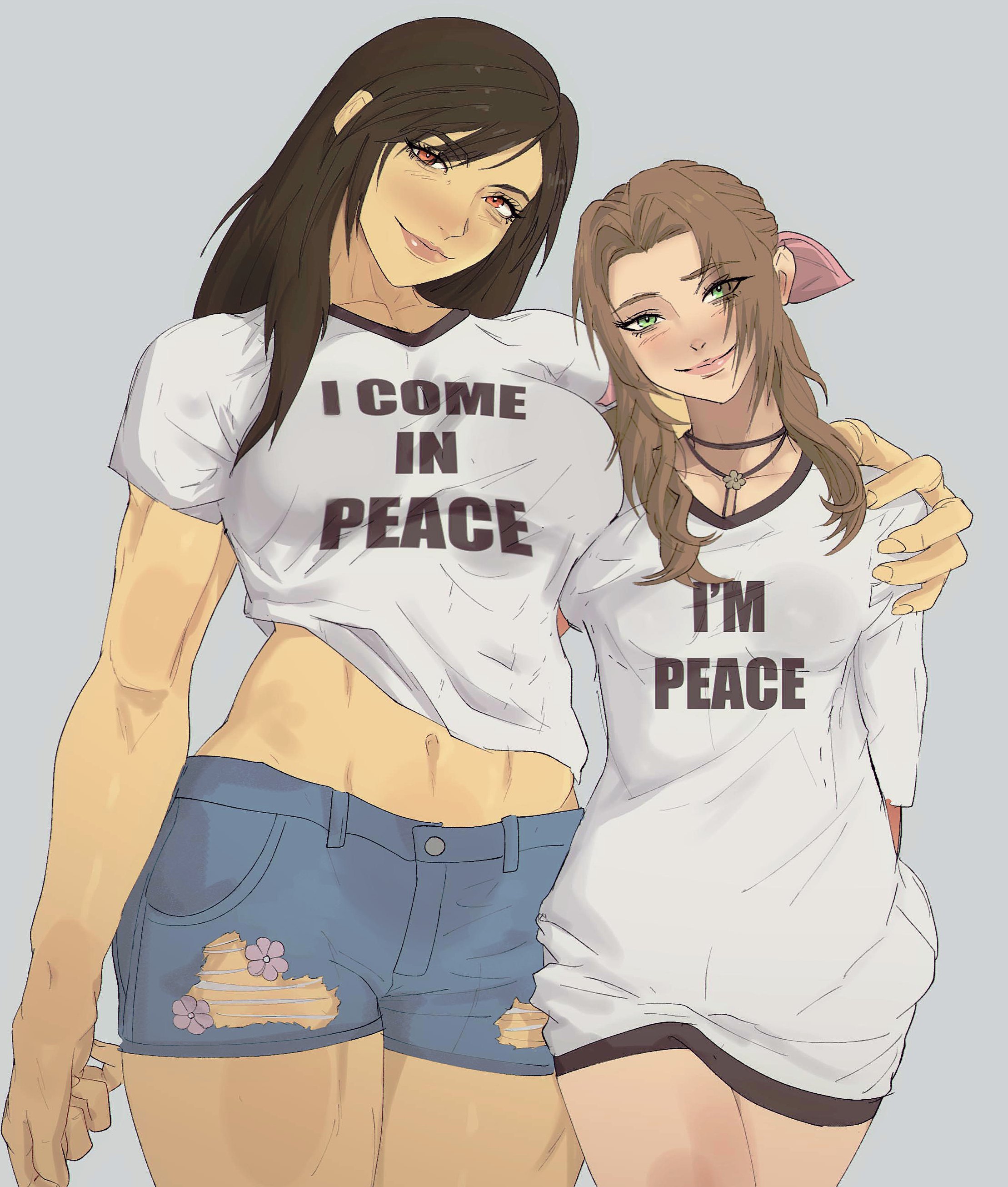 2girls, aerith gainsborough, clothing, female, female only, final fantasy, final fantasy vii, lesbian, multiple females, multiple girls, tifa lockhart, yoracrab, yuri