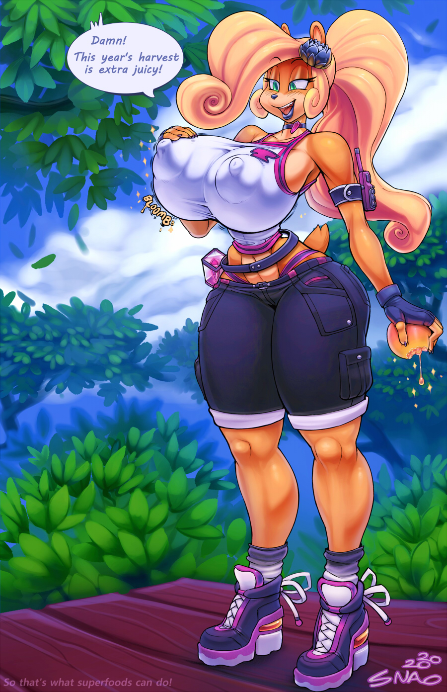 1girls, 2020, accessory, activision, anthro, bandicoot, big breasts, big nipples, bimbo, blonde hair, breast expansion, breast growth, breast growth (enlargement), breasts, clothed, clothing, coco bandicoot, crash (series), dialogue, english text, expansion, eyelashes, female, flower, flower in hair, food, footwear, fruit, hair, hair accessory, half-closed eyes, happy, hi res, huge breasts, legwear, lips, lipstick, makeup, mammal, marsupial, motion lines, narrowed eyes, nipple bulge, nipple outline, nipples visible through clothing, outside, plant, ponytail, shoes, signature, smile, snao, socks, solo, sound effects, speech bubble, tank top, text, video games, wide hips