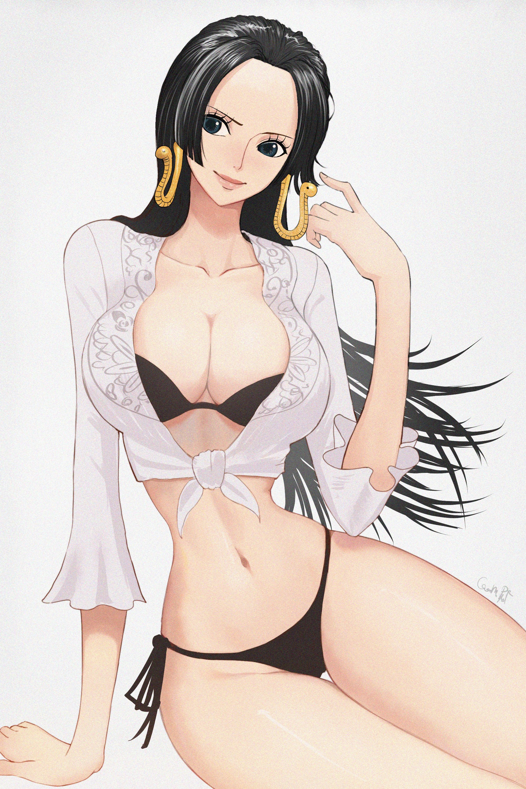 1girls, bare legs, bare thighs, big breasts, bikini, bikini bottom, bikini top, black hair, black-haired female, blue eyes, boa hancock, breasts, clothed, clothing, color, coom part, female, female focus, female only, hi res, large breasts, light skin, light-skinned female, long hair, looking at viewer, one piece, shounen jump, sitting, solo, solo female, tagme, thick thighs