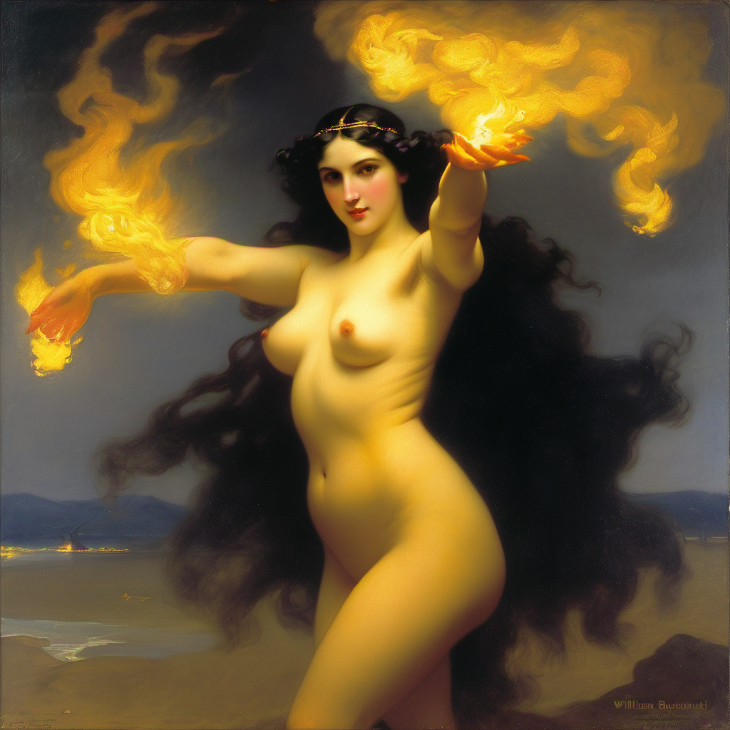 ai_generated belly black_eyes black_hair breasts closed_eyes curvy fire long_hair navel nipples nude pyrokinesis seductress small_breasts william_bouguereau