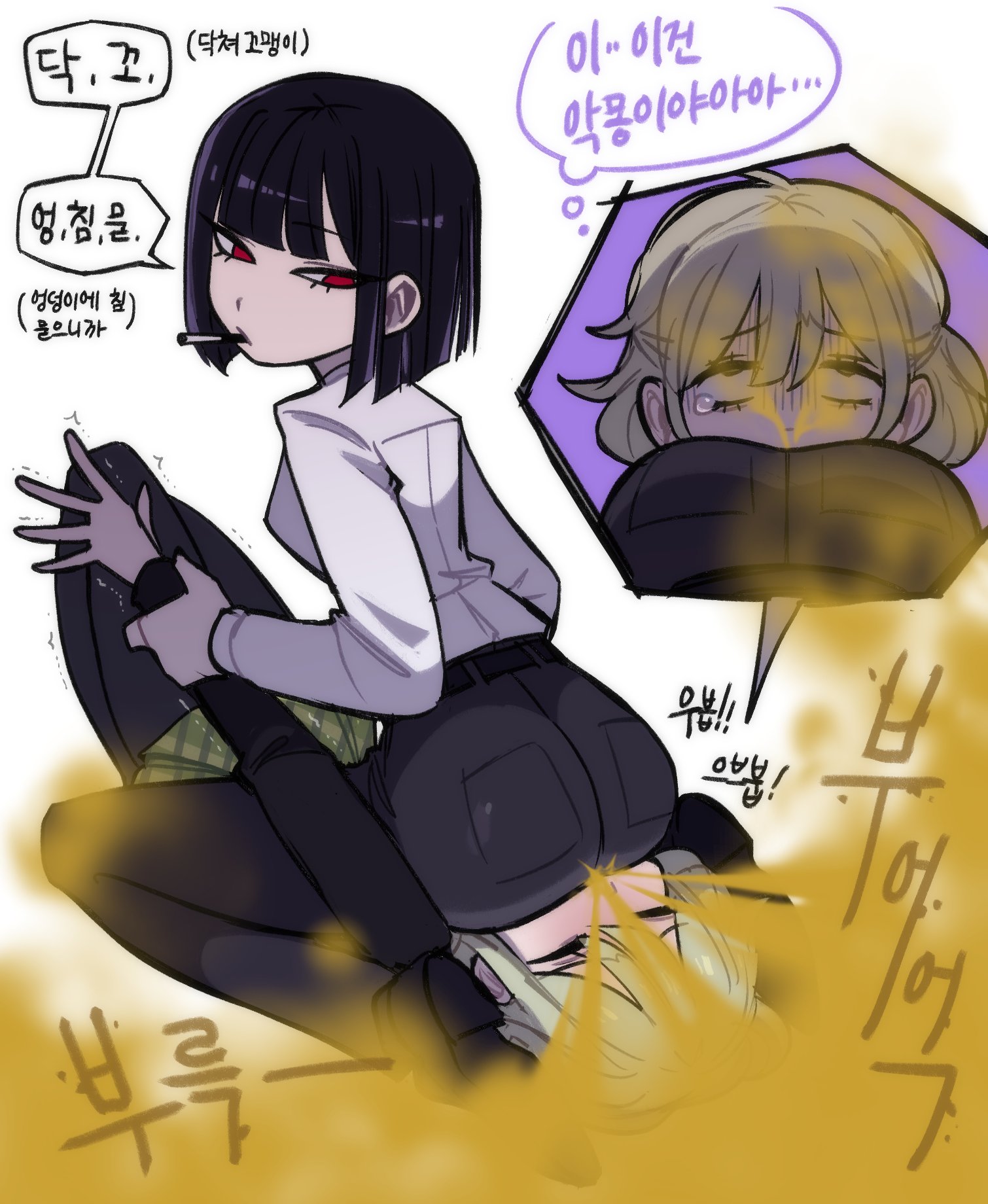 black hair, cigarette, fart, fart torture, farting in face, farting on face, faust (limbus company), limbus company, project moon, red eyes, ryoshu (limbus company), white hair