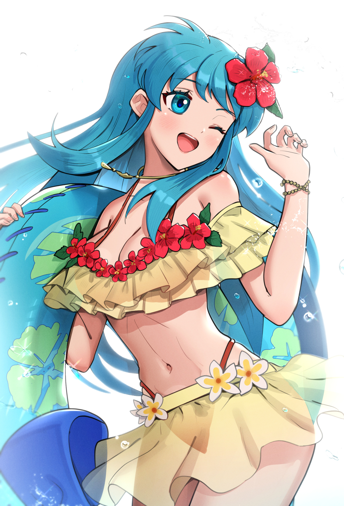 1girls, alternate costume, aqua eyes, aqua hair, bikini, bikini skirt, breasts, cleavage, eirika (fire emblem), female, female only, fire emblem, fire emblem heroes, fire emblem: the sacred stones, frilled bikini, frills, gonzarez, highres, layered bikini, long hair, medium breasts, navel, nintendo, official alternate costume, one eye closed, open mouth, red bikini, red swimsuit, see-through, simple background, solo, swimsuit, two-tone bikini, white background, yellow bikini, yellow swimsuit