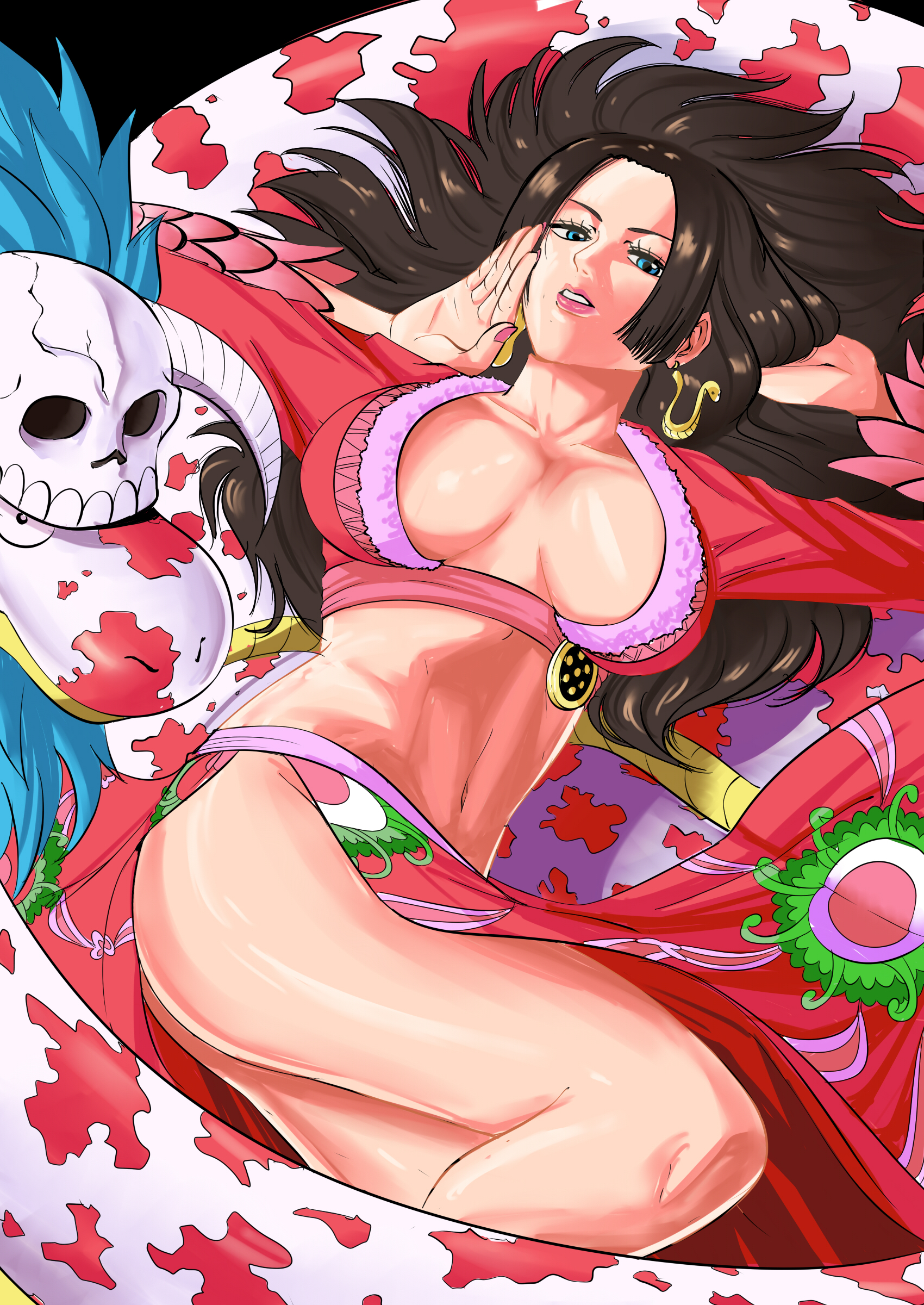 1girls, big breasts, black hair, black-haired female, blue eyes, boa hancock, breasts, brown hair, cleavage, female, female only, large breasts, long hair, looking at viewer, on back, one piece, shounen jump, solo, tinafate1