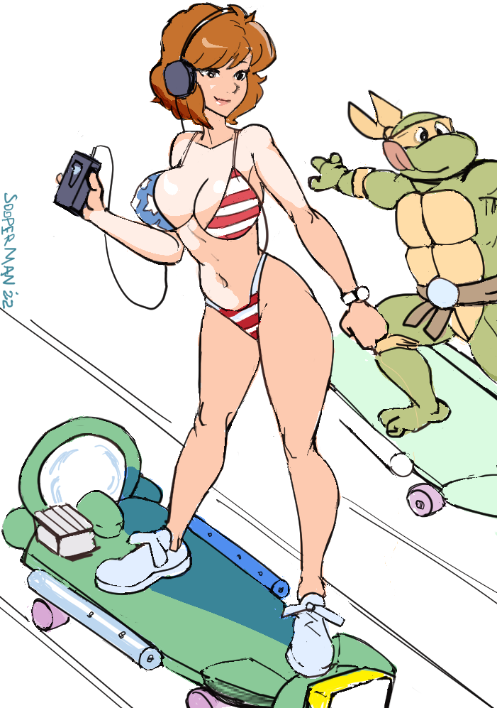 1boy 2022 american_flag american_flag_print april_o'neil april_o'neil_(tmnt_1987) artist_name bikini breasts cleavage closed_mouth clothing collarbone commission female flag_print footwear fourth_of_july full_body headphones highleg highleg_bikini holding human large_breasts legwear michelangelo_(tmnt) motion_lines mp3_player orange_hair pale_skin public shoes short_hair simple_background skateboard smile sneakers solo_focus sooperman standing swimsuit swimwear teenage_mutant_ninja_turtles watch white_background white_footwear