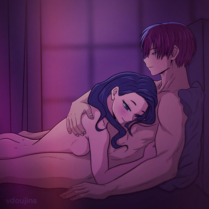 1boy, 1girls, after sex, black hair, black-haired female, embrace, fanon couple, female, happy, hug, lying, lying on person, male, momo yaoyorozu, my hero academia, red hair, red-haired male, romantic, shouto todoroki, straight, todoroki shouto, two-tone hair, vdoujins, white hair, white-haired male, wholesome, yaoyorozu momo