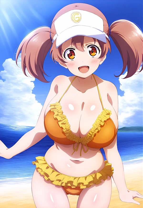 ai_generated beach big_breasts bikini brown_hair curvaceous curvy_female devil_is_a_part_timer hataraku_maou-sama! hibikieroira huge_breasts orange_eyes sasaki_chiho shortstack twintails