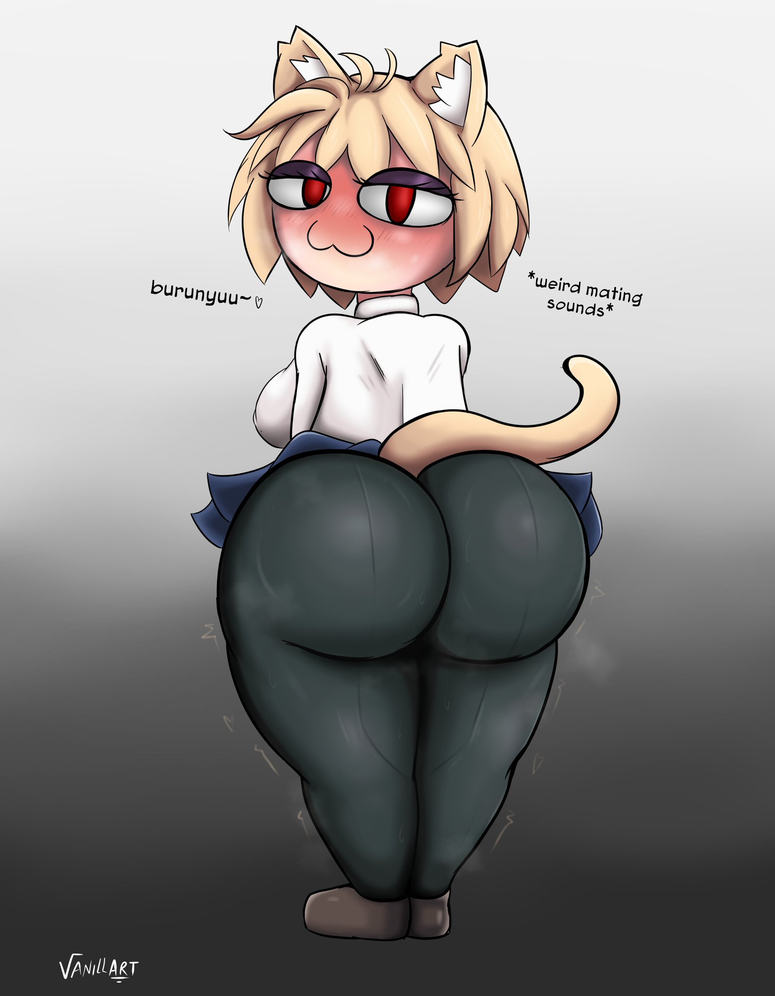 :3, 1girls, 2d, animal ears, anthro, anthro female, anthro only, ass, back view, big ass, big breasts, big butt, blonde hair, blush, breasts, cat ears, cat tail, eyeshadow, fat ass, feline, female, female only, heavy blush, large ass, looking at viewer, melty blood, neco-arc, red eyes, shortstack, skirt, smile, smiling at viewer, smug, solo, solo female, solo focus, tail, text, thick ass, thick thighs, thighs, tsukihime, vanillart23, wide hips