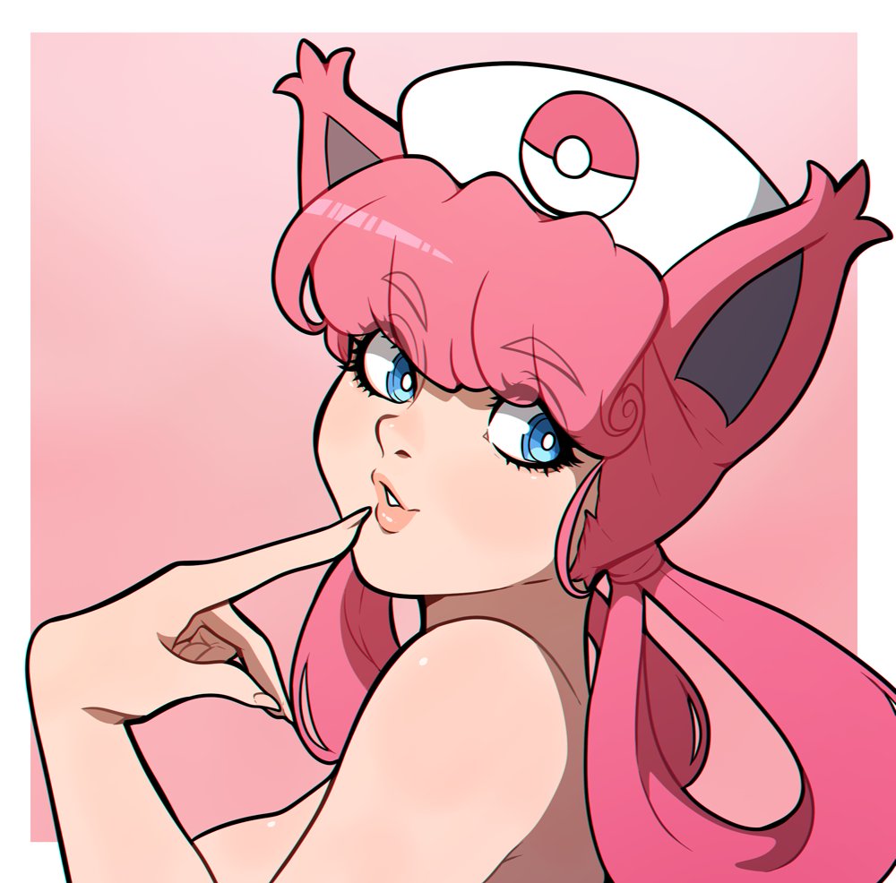 1girls blue_eyes cat_ears catgirl female female_only finger_to_mouth kinkymation looking_at_viewer nintendo nurse_cap nurse_joy pink_hair pokemon solo tied_hair