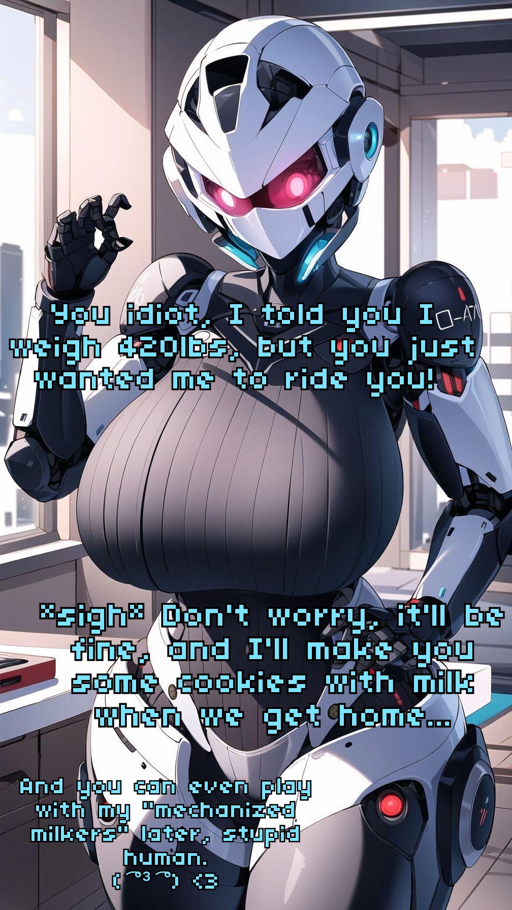 ai_generated android caption digital_media_(artwork) female glowing_eyes hospital huge_ass huge_breasts mechanical mommy_kink robot robot_girl robot_joints robotic_arm skotlkw smug solo text tsundere wide_hips