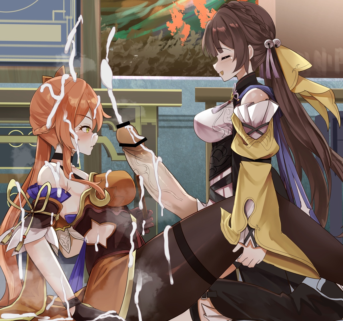 1futa, 1girls, bar censor, breasts, brown hair, censored, closed eyes smile, clothed, clothing, cum, cumshot, detailed background, ejaculation, erection, female, female focus, futa focus, futanari, guinaifen (honkai: star rail), hands-free, handsfree ejaculation, honkai (series), honkai: star rail, huge cock, human, intersex, light skin, light-skinned female, light-skinned futa, long hair, mostly clothed, orgasm, penis, pink hair, side view, sushang (honkai: star rail), zad orein