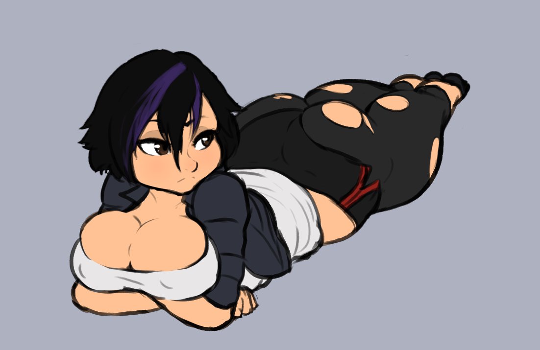 1girls, ass, big ass, big breasts, big hero 6, black hair, breasts, brown eyes, bursting breasts, cleavage, clothed, clothing, crossed arms, curvaceous, curvy, dark hair, disney, female, female only, gogo tomago, hair, huge ass, human, jacket, large breasts, leggings, legs, looking back, looking to the side, lying, lying down, lying on stomach, marvel, marvel comics, midriff, nipples, nipples visible through clothing, pantyhose, pinup, purple hair, shirt, short hair, short shorts, shorts, simple background, skindentation, solo, sportswear, thick thighs, thong, tight clothing, tights, torn clothes, torn clothing, torn pantyhose, two-tone hair, voluptuous, xelsword