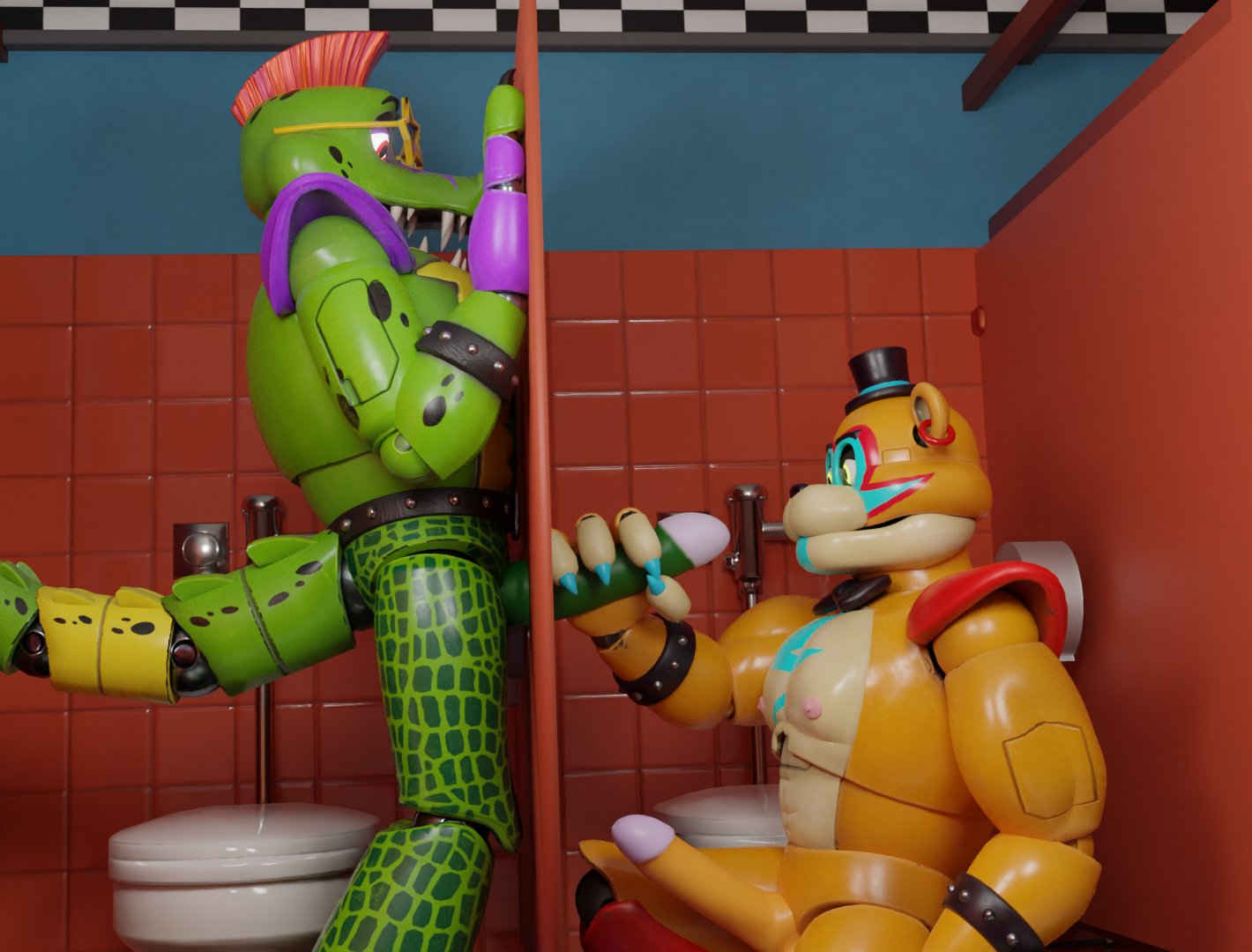 alligator alligator_tail alligatorid alligatorid_humanoid animatronic anthro background bathroom biceps black_nails blue_nails body_markings crocodile crocodile_tail crocodilian crocodylid donsombras erect_penis facial_markings five_nights_at_freddy's five_nights_at_freddy's:_security_breach fnaf gay gay_sex glamrock_freddy_(fnaf) glory_hole green_body green_penis handjob lighting_bolt looking_at_penis looking_down machine male male/male male_focus male_only mohawk mohawk_(hairstyle) montgomery_gator_(fnaf) muscular muscular_anthro muscular_arms muscular_male muscular_thighs non-human non_mammalian_nipples orange_penis pauldrons pink_glans red_hair reptile reptile_humanoid robot robot_humanoid scottgames simple_background spiked_bracelet spotted_body steel_wool_studios tail tail_markings tattoo two_tone_body two_tone_fur yellow_eyes