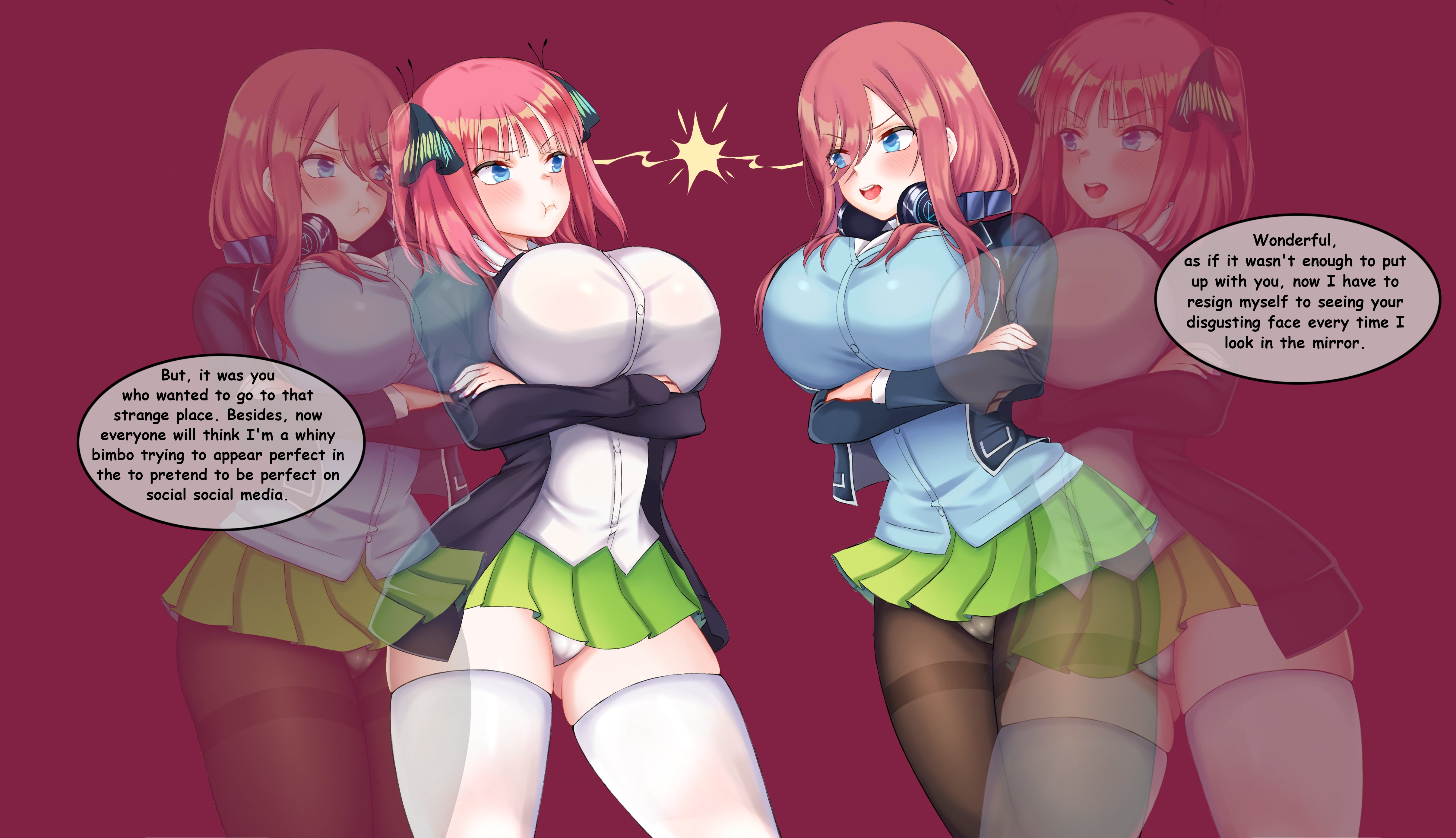 2girls, angry, ass, big ass, big breasts, body swap, breasts, curvy, edit, female, go-toubun no hanayome, huge ass, huge breasts, multiple females, multiple girls, nakano miku, nakano nino, plain background, possession, school uniform, stockings, tagme
