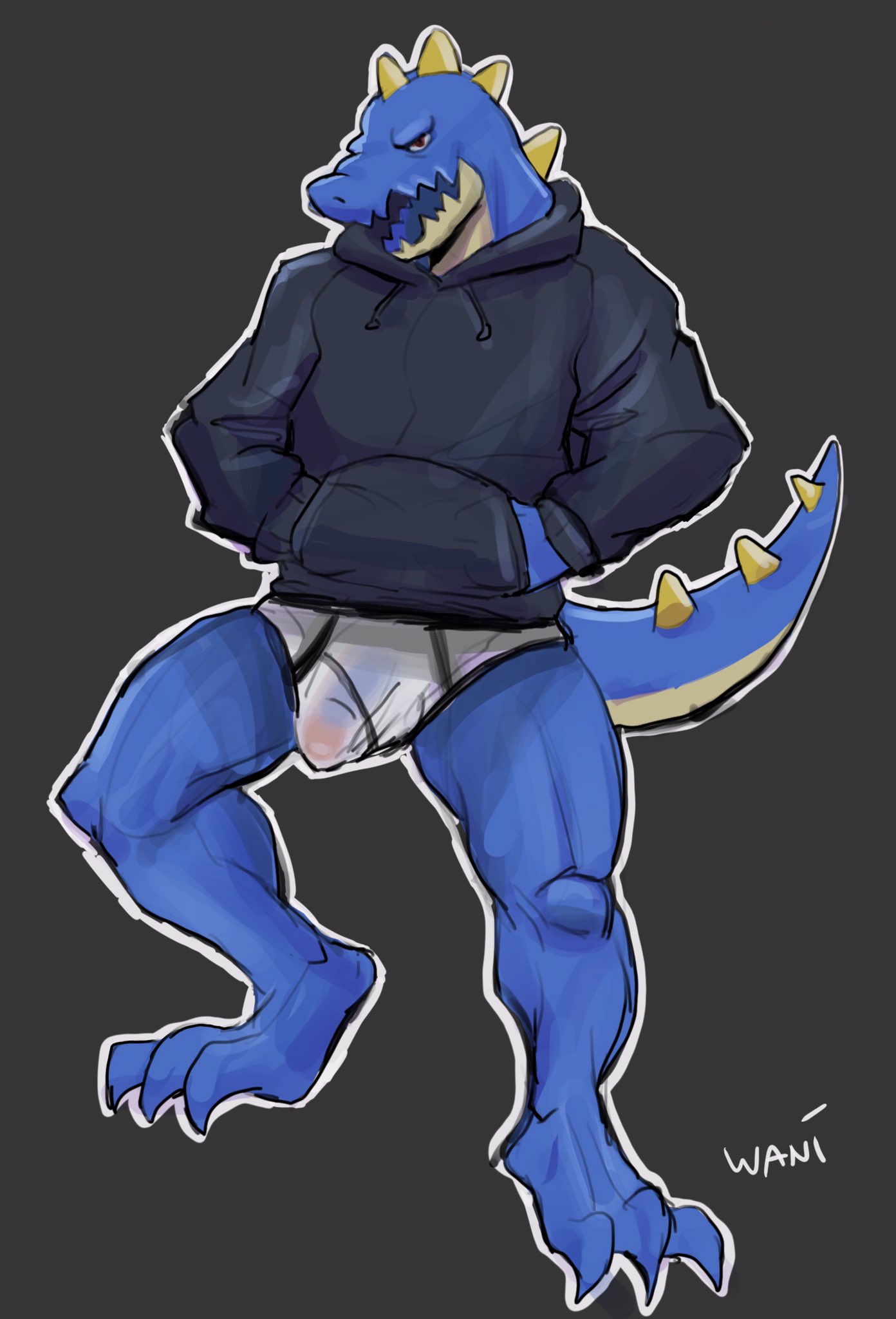 anthro black_clothing black_hoodie black_topwear blue_body blue_scales blue_tail bulge clothed clothing crocodile crocodilian crocodylid genital_outline genitals hands_in_pockets hi_res hoodie male male_only multicolored_clothing multicolored_underwear open_mouth penis penis_outline pockets reptile scales scalie simple_background solo topwear two_tone_clothing two_tone_underwear underwear wani_(wani_panic) wani_panic white_underwear