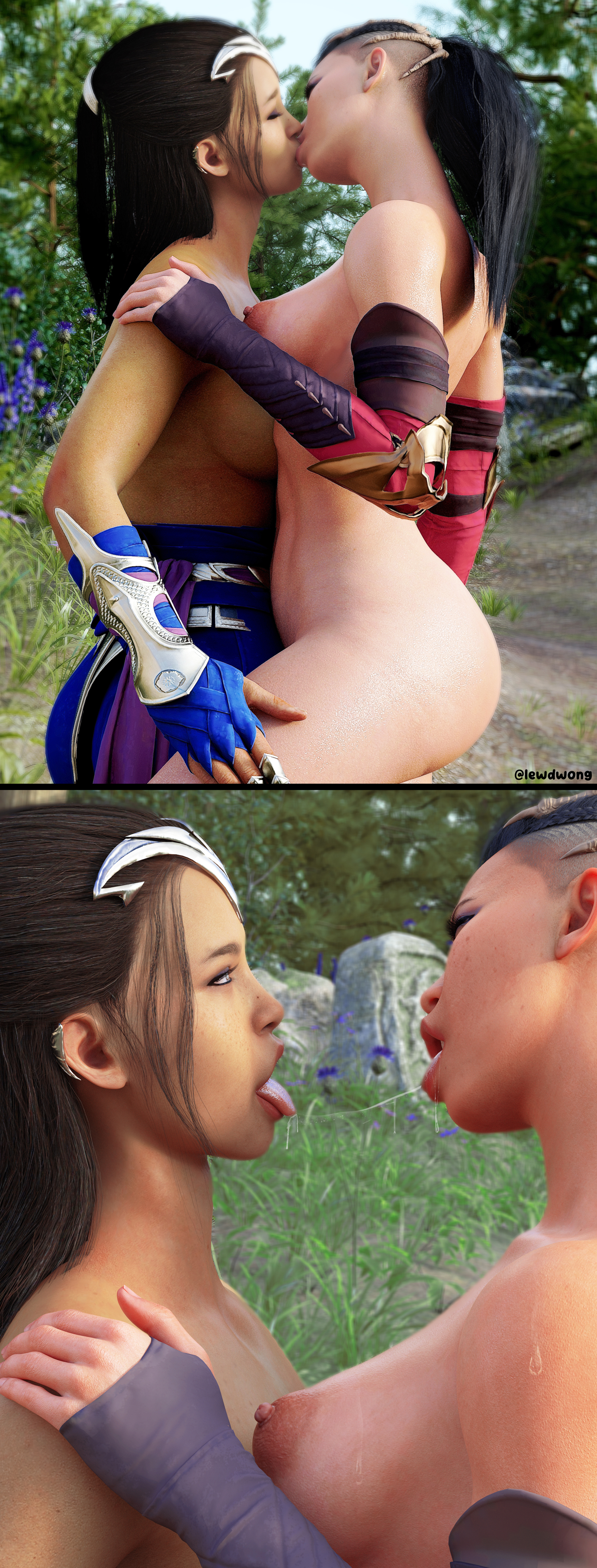 2girls, 3d, asian, asian female, ass, big ass, big breasts, black hair, breasts, edenian, female, female only, french kiss, grabbing thighs, incest, kissing, kitana, kiteena, lewdwong, mileena, mortal kombat, mortal kombat 1 (2023), naked, outdoors, princess, saliva, saliva trail, sisters, spit, twincest, twins