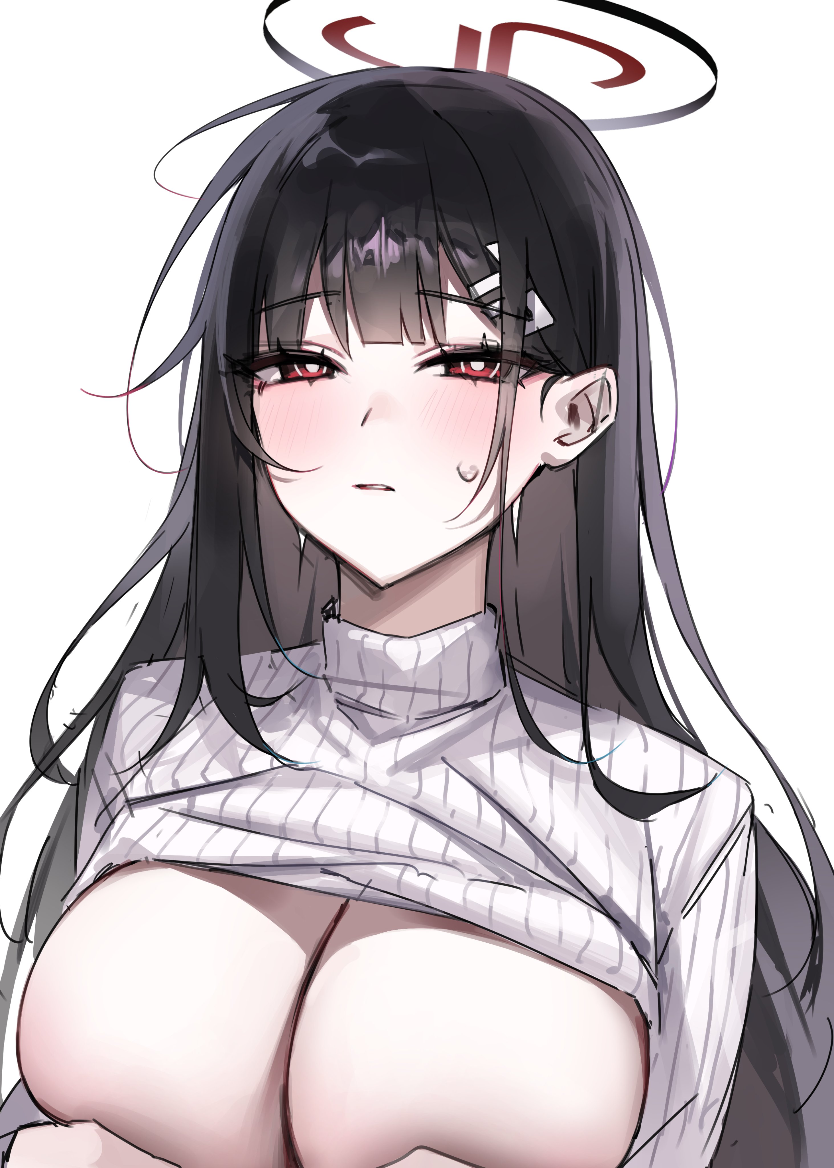 1girls, big breasts, black hair, blue archive, blush, blush lines, blushing, blushing at viewer, breasts, eyebrows, eyebrows visible through hair, female, female focus, female only, hair between eyes, halo, long hair, looking at viewer, millennium science school student, nipples covered, open clothes, raki kr, red eyes, rio (blue archive), seminar (blue archive), shiny, shiny hair, shiny skin, shy, solo, solo female, solo focus, sweat, sweating, teeth, teeth showing, white background