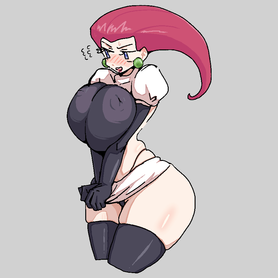 1girls, black gloves, blue eyes, blush, blush lines, blushing, breast squeeze, breast squish, breasts, earrings, embarrassed, female, jessie (pokemon), large breasts, leebongchun, long hair, micro bikini, pearl earrings, pink hair, pokemon, pulling clothing, skin tight, skirt, solo, sweatdrop, team rocket, white background