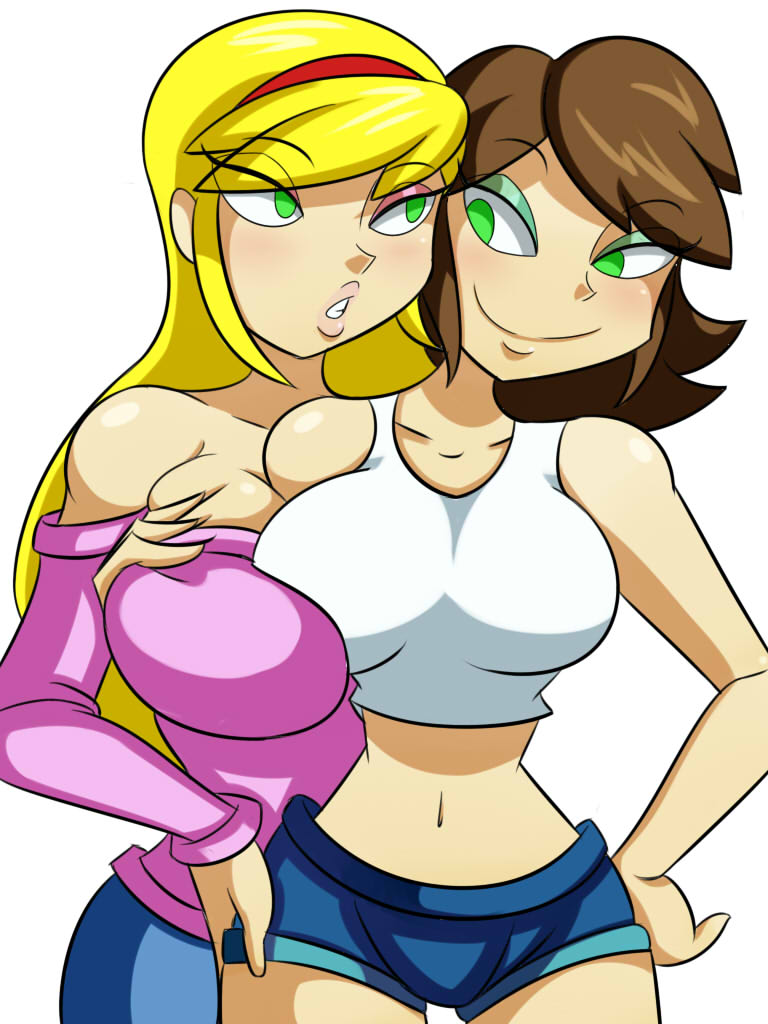 amanda_(sni) beige_skin big_breasts breast_press breasts brown_hair cleavage dalley_le_alpha female green_eyes nina_(sni) sanity_not_included smile yellow_hair yuri