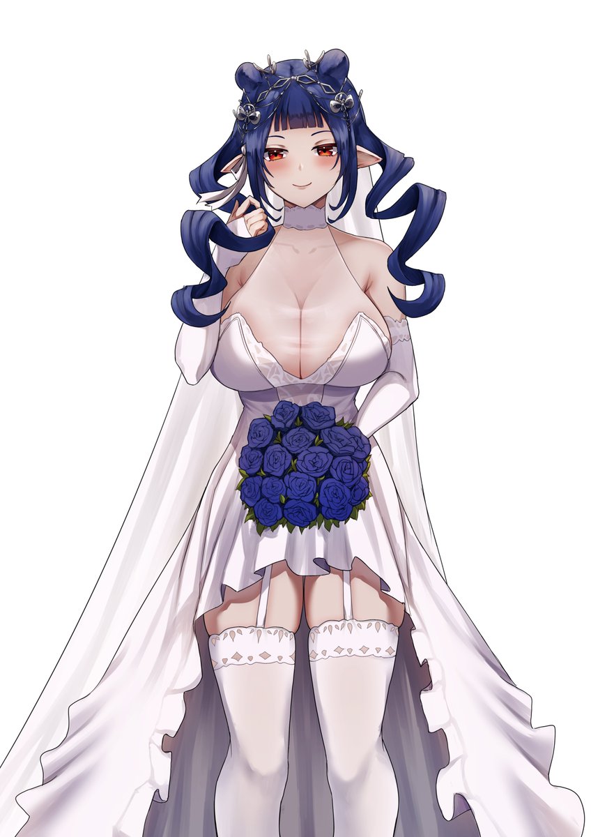 1girls blue_hair blush bouquet breasts bride dizzy_dokuro dress female female_only flowers huge_breasts light-skinned_female light_skin mchiefy phase_connect phase_invaders pointy_ears red_eyes simple_background solo virtual_youtuber wedding_dress white_background