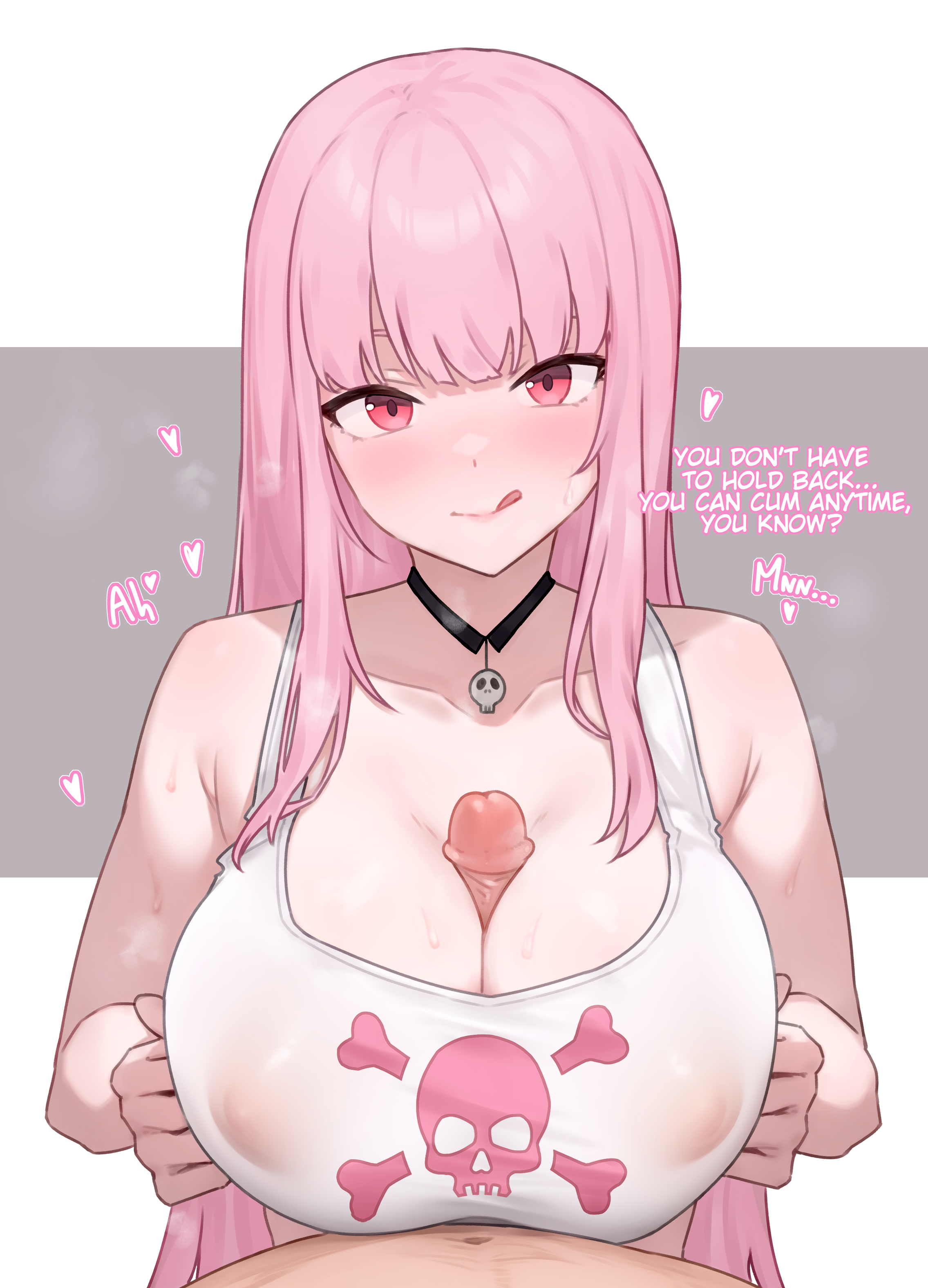 1boy, 1girls, alternate version available, aroused, bluefield, breasts, english text, excited, female, hi res, hololive, hololive english, hololive myth, huge breasts, large breasts, light skin, light-skinned female, long hair, male, male pov, mori calliope, nipples, paizuri, pink eyes, pink hair, pov, sex, titjob, uncensored, virtual youtuber, vtuber