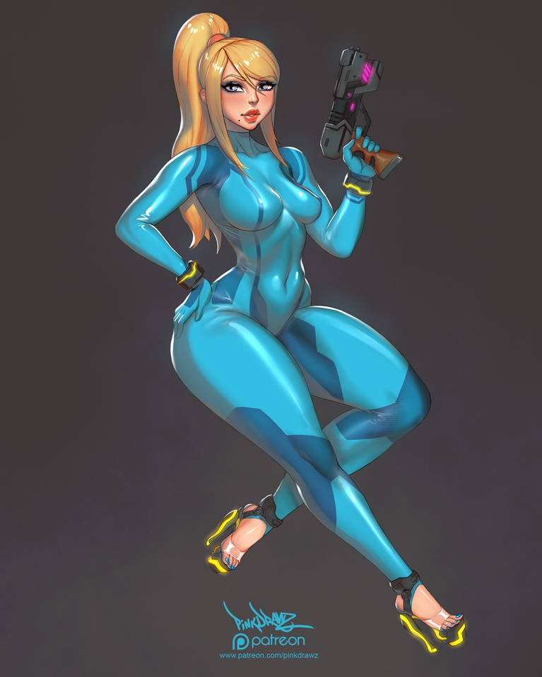 beauty_mark bimbo blonde_hair blue_eyes breast_grab clear_strap_heels eyeshadow female female_focus female_only fully_clothed gun heels high_heels light-skinned_female lipstick looking_at_viewer makeup metroid nail_polish nintendo painted_nails painted_toenails pinkdrawz platform_heels samus_aran shiny_clothes solo thick_thighs tight_clothing tight_fit very_high_heels zero_suit_samus