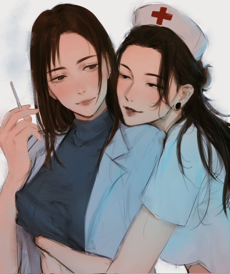 asian black_eyes black_hair blush brown_eyes brunette cigarette dio_saurr doctor gages gripping groping_breasts groping_from_behind hand_on_breast hand_under_shirt japanese jujutsu_kaisen lipstick mole_under_eye nurse nurse_cap nurse_uniform plain_background rule_63 shoko_ieiri source_request suguru_geto yuri