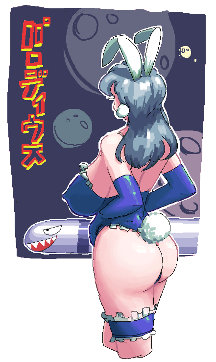 1girls ass blue_hair bunny_ears bunny_girl bunny_tail bunnygirl bunnysuit facing_away female frilled_dress from_behind hikaru_(parodius) leebongchun leg_cuffs nipple_bulge nipples nipples_visible_through_clothing parodius torpedo