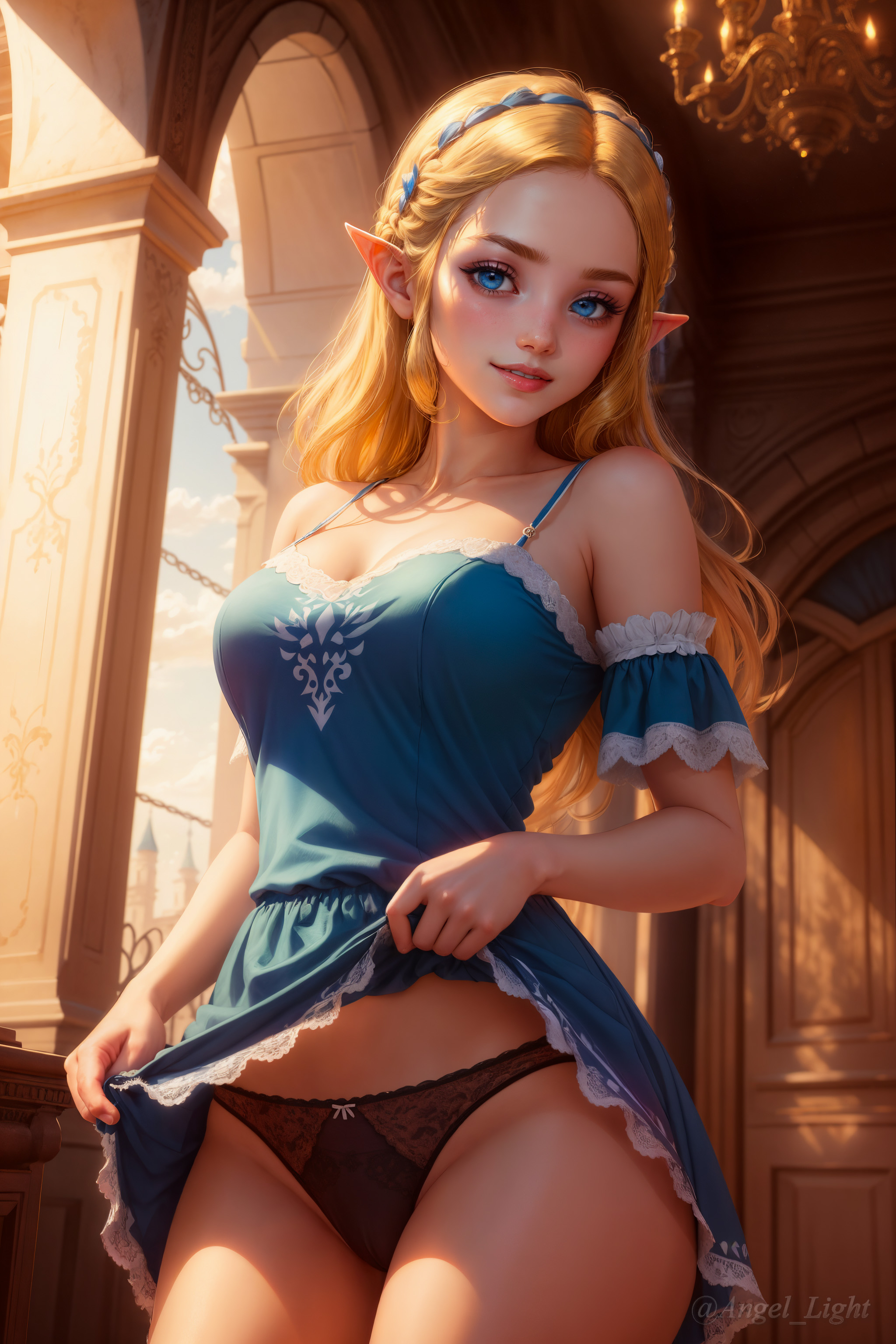 1girls, ai generated, angel light, angel light (artist), blonde hair, blue eyes, breath of the wild, cameltoe, female, from below, panties, princess zelda, pussy, skirt lift, the legend of zelda, zelda (breath of the wild)