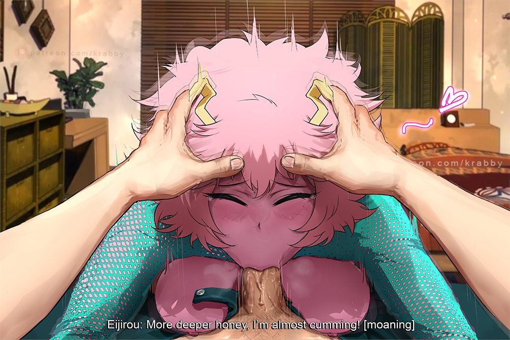 :>=, 1boy, 1girls, big breasts, big penis, bimbo, black sclera, blowjob, blush, breasts, breasts out, busty, closed eyes, clothed, deep blowjob, deepthroat, deepthroat request, dialogue, eijirou kirishima, eye contact, eyes closed, fellatio, female, fringe, gag, gagging, hands on head, head grab, huge breasts, huge cock, indoors, it'll never fit, kirimina, krabby (artist), light skin, light-skinned male, male, medium hair, mina ashido, my hero academia, nipples, oral, oral sex, pale skin, pale-skinned male, penis, petite, pink hair, pink skin, pov, pubic hair, saliva, schoolgirl, short hair, teenager, tight throat, veiny penis, yellow eyes