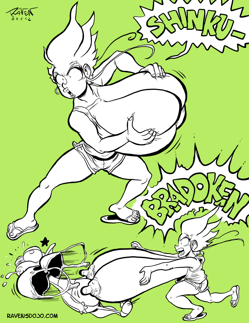 black_and_white breast_attack gigantic_breasts hadouken nipples raven's_dojo raven_perez sarah_lee