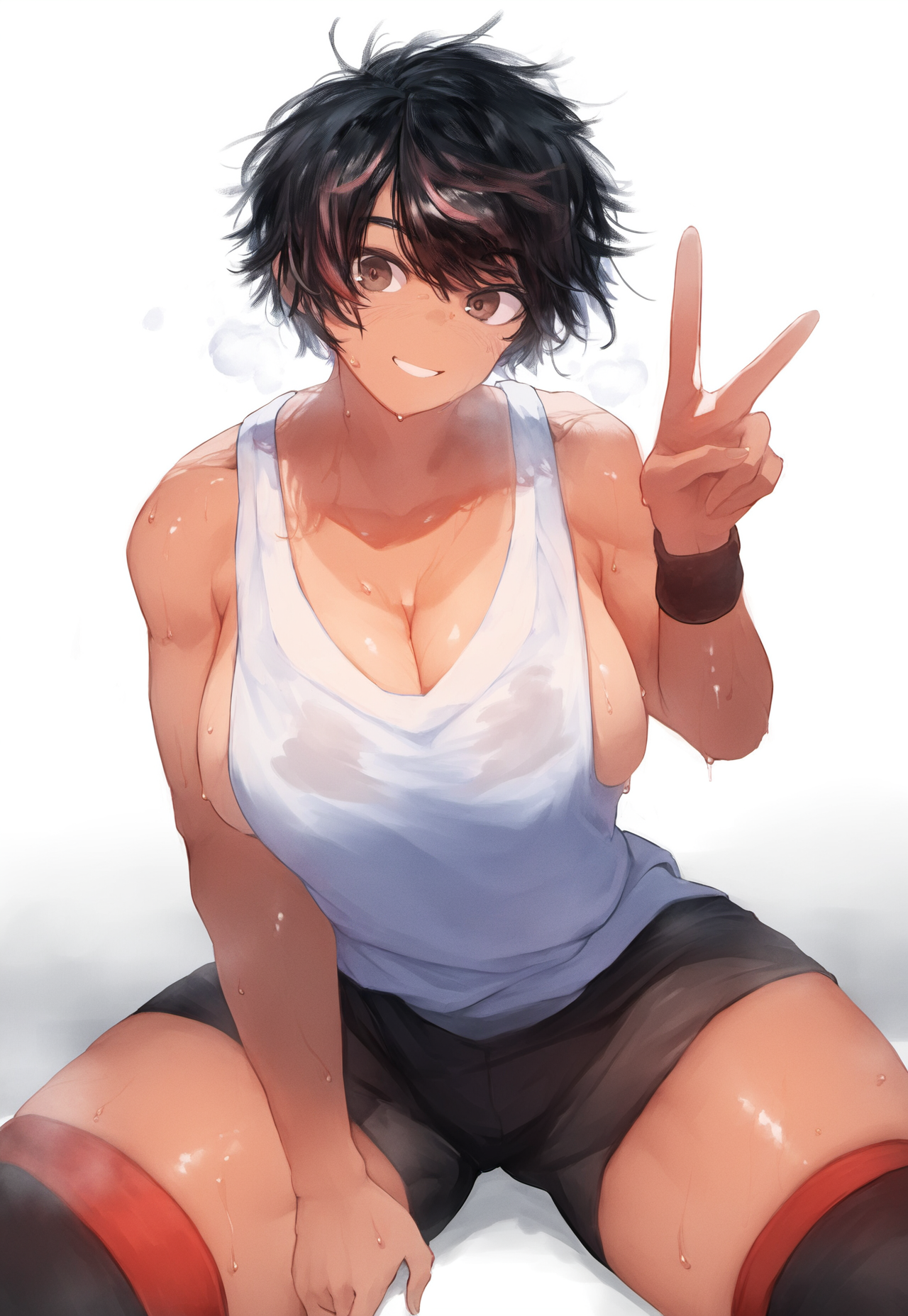 1girls, ai generated, black hair, breasts, cleavage, dyed hair, female, gym uniform, large breasts, legs apart, loose clothes, messy hair, peace sign, red highlights, short hair, shorts, sideboob, simple background, sitting, smile, smiling at viewer, solo, spats, sweat, tan, tan skin, tank top, thick thighs, tomboy, toned, v sign