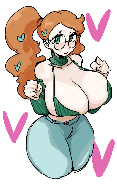 1girls, ass, bikini, breast focus, breast hold, breast squeeze, breasts, circular glasses, cleavage, female, glasses, green eyes, green sweater, heart, heart hair ornament, huge breasts, jeans, large ass, large breasts, leebongchun, long hair, orange hair, pokemon, pokemon ss, ponytail, side ponytail, solo, sonia (pokemon), turtleneck, white background