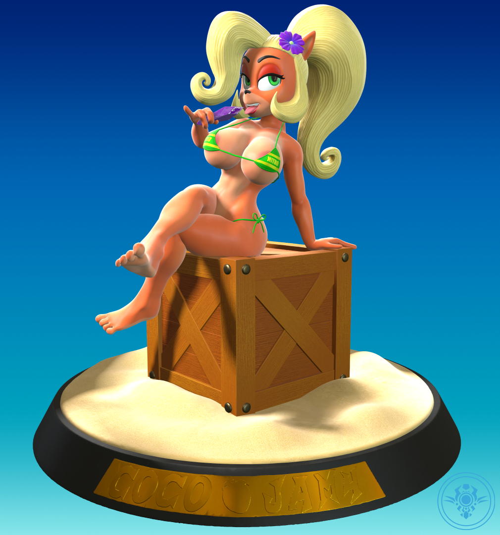 2019 3d activision anthro bikini black_nose blonde_hair clothing coco_bandicoot crash_(series) crate crystal female female_only flower fur gradient_background green_eyes hair nipple_slip orange_fur plant sand simple_background solo sorok17 suggestive swimwear teeth tongue tongue_out video_games