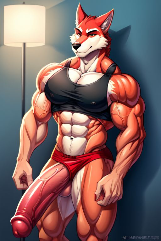 abs ai_generated anthro bodybuilder crop_top erection furry happy_trail huge_cock long_penis male male_focus male_only muscle muscles muscular muscular_male nipples obliques pecs red_fur red_hair seductive skin_tight solo solo_focus solo_male underwear vascular white_fur wolf