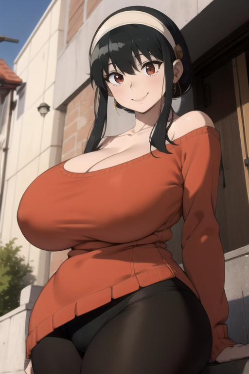 1girls ai_generated alternate_breast_size big_breasts black_hair blue_sky daidouji_(artist) daidoujipv female female_only from_below gigantic_breasts human large_breasts leggings long_hair looking_at_viewer milf outdoors outside red_eyes scenery short_hair smile solo spy_x_family sweater tagme yor_briar yor_forger