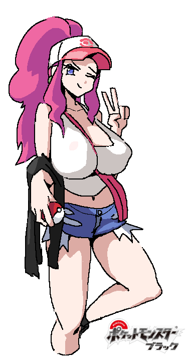 1girls bag baseball_cap blue_eyes breasts cap crop_top female hat high_ponytail hilda_(pokemon)_(cosplay) jean_shorts jeans jeans_shorts jessie_(pokemon) large_breasts leebongchun long_hair nipple_bulge nipples nipples_visible_through_clothing peace_sign pink_hair pokeball pokemon posing posing_for_the_viewer shorts smile solo trucker_hat v white_background wink