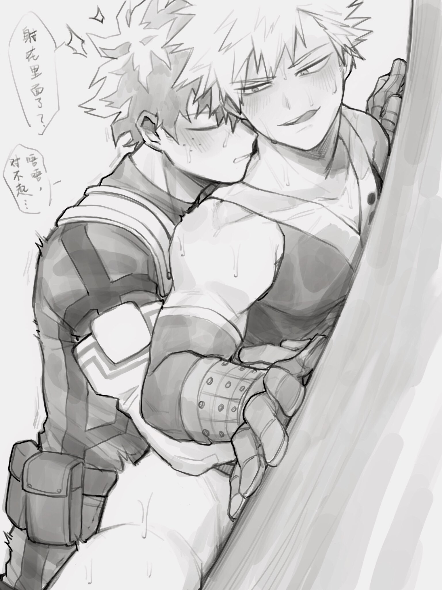 2boys, against wall, anal, blush, bottomless, freckles, from behind, gay, hero outfit (mha), izuku midoriya, katsuki bakugou, male, my hero academia, sweat, yaoi