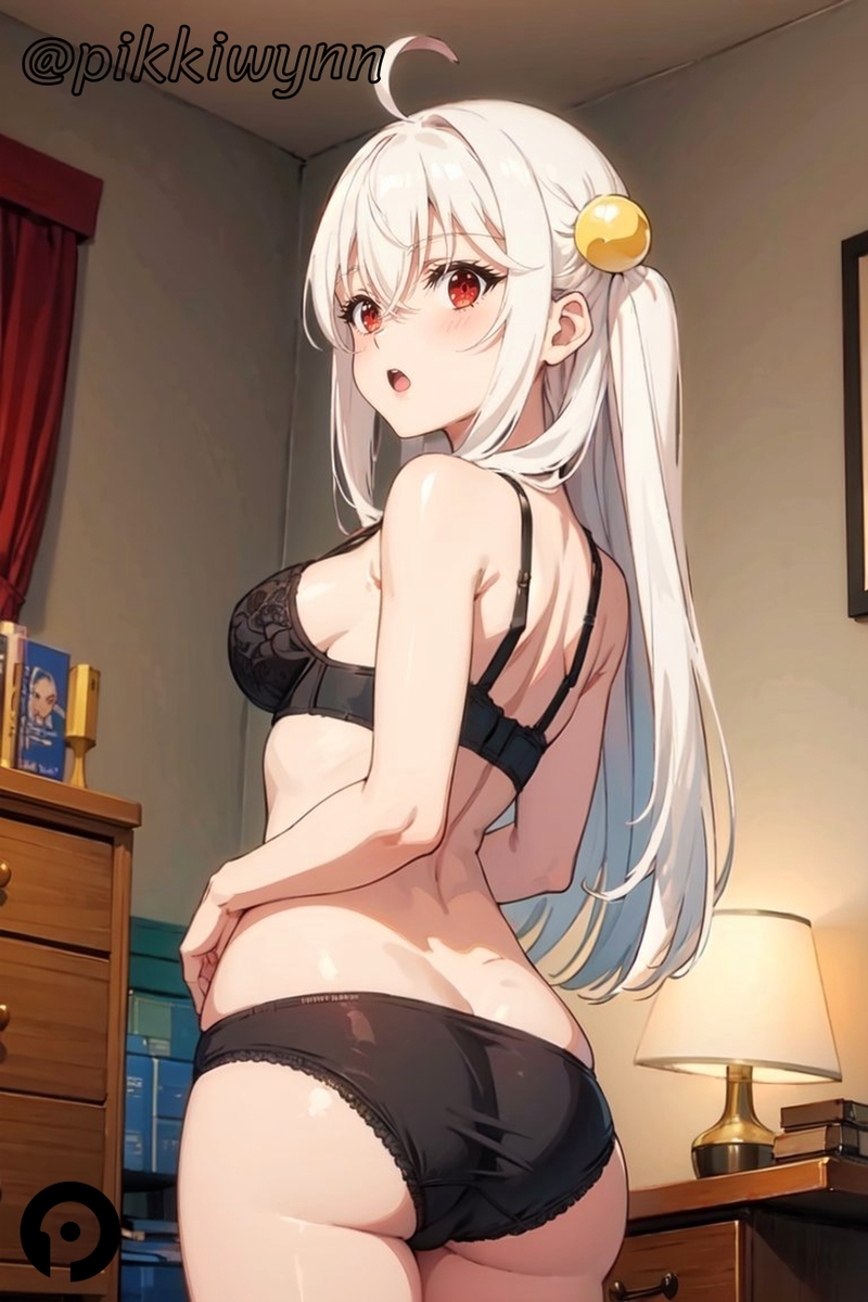 ahoge ai_generated ass bangs bare_arms bare_shoulders black_bra black_panties blush bra breasts cowboy_shot female from_behind hair_between_eyes hair_bobbles hair_ornament indoors lamp long_hair looking_at_viewer looking_back medium_breasts ninym_ralei open_mouth panties pikkiwynn red_eyes sidelocks solo standing tensai_ouji_no_akaji_kokka_saiseijutsu thighs underwear underwear_only white_hair