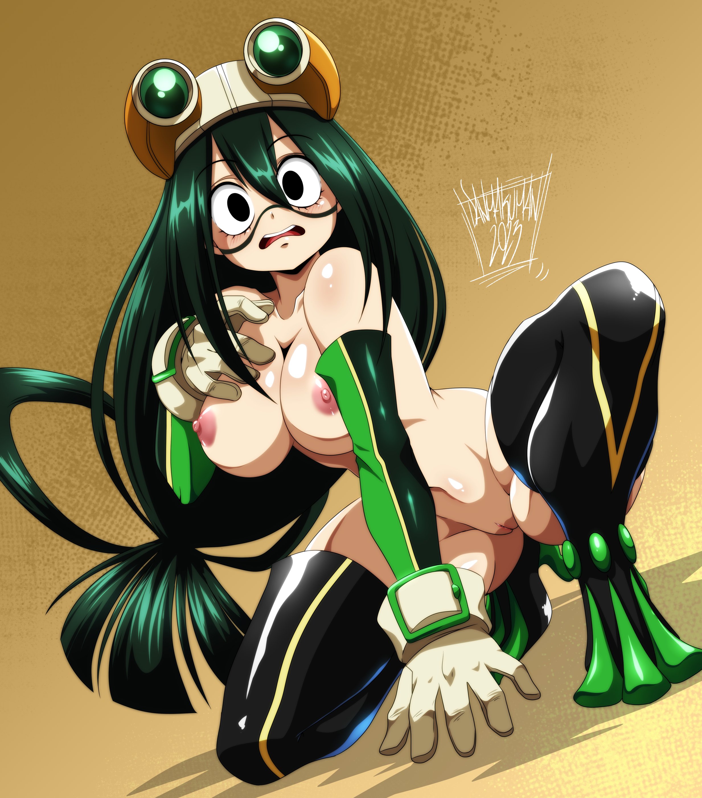 1girls, 2024, ass, big ass, big breasts, black eyes, breasts, busty, curvaceous, curvy, danmakuman, eyelashes, feet, female, footwear, full body, gloves, goggles, goggles on head, green hair, green-haired female, hair, handwear, headgear, hero outfit (mha), large breasts, legwear, light skin, light-skinned female, long hair, my hero academia, naked footwear, nipples, nude, open mouth, pussy, simple background, solo, squatting, thick thighs, thighhighs, thighs, thunder thighs, tiptoes, toes, tsuyu asui, voluptuous, white gloves, wide hips