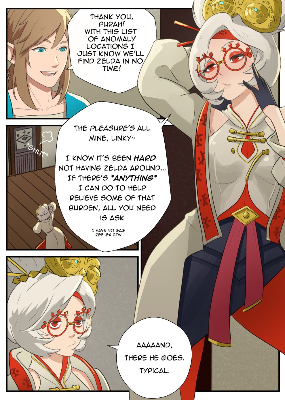 :/, 1boy, 1girls, angry, annoyed, black gloves, blonde hair, blue eyes, breasts, coat, comic, english commentary, english text, eyeshadow, eyewear on head, female, female pervert, glasses, gloves, hair ornament, hair stick, half gloves, highres, horny, indoors, link, link (tears of the kingdom), makeup, male, medium breasts, medium hair, paid reward available, pantyhose, pervert, pomelomelon, purah, purah (tears of the kingdom), red eyes, red eyeshadow, red pantyhose, red-framed eyewear, round eyewear, seductive, sheikah, shirt, short hair, sleeveless, sleeveless shirt, speech bubble, suggestive, tears of the kingdom, text, the legend of zelda, the legend of zelda: tears of the kingdom, updo, white coat, white hair, white shirt
