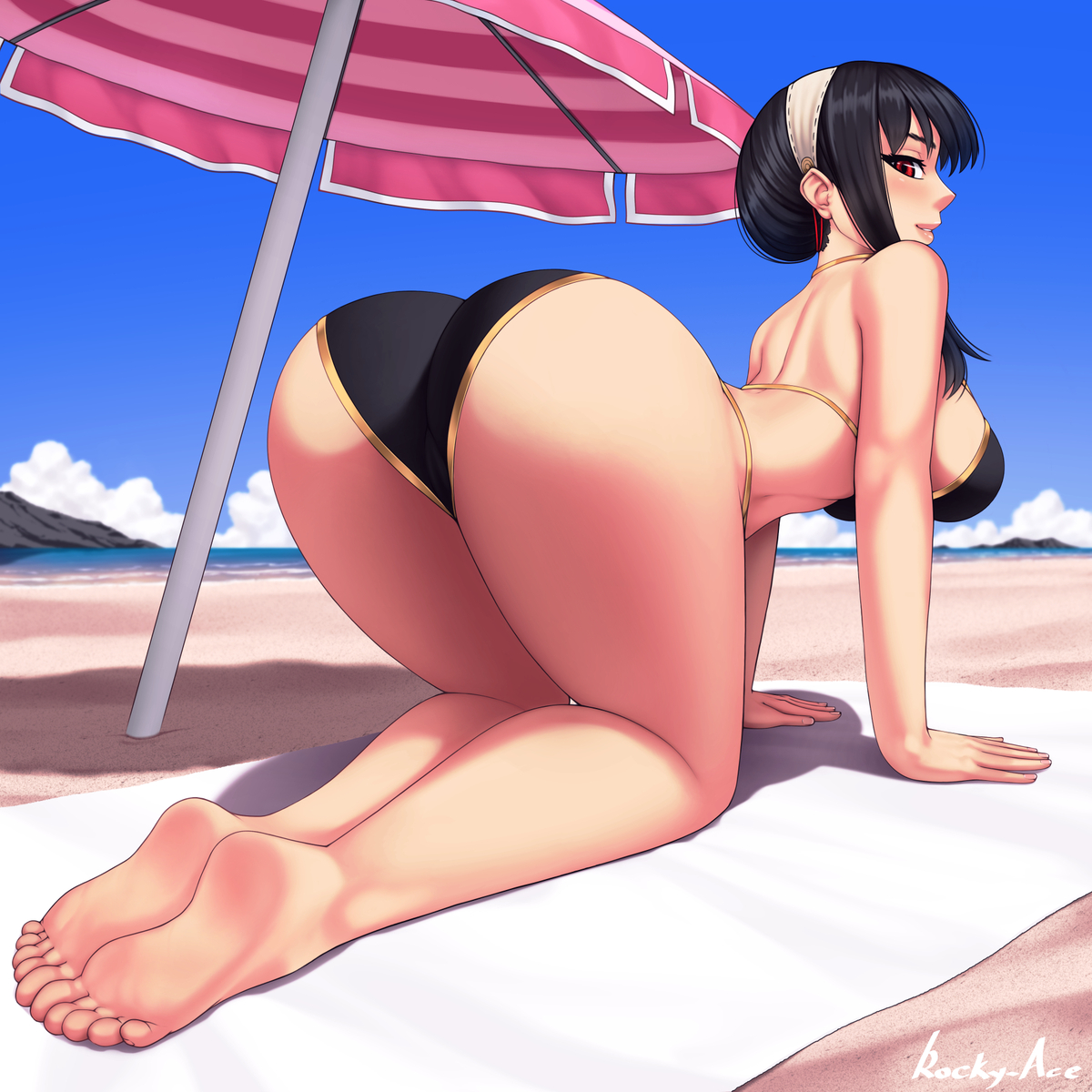 1girls, ass, big ass, big butt, bikini, breasts, female, female only, foot fetish, heavenly ass, one female, red eyes, rocky-ace, solo, solo female, spy x family, umbrella, yor briar, yor forger