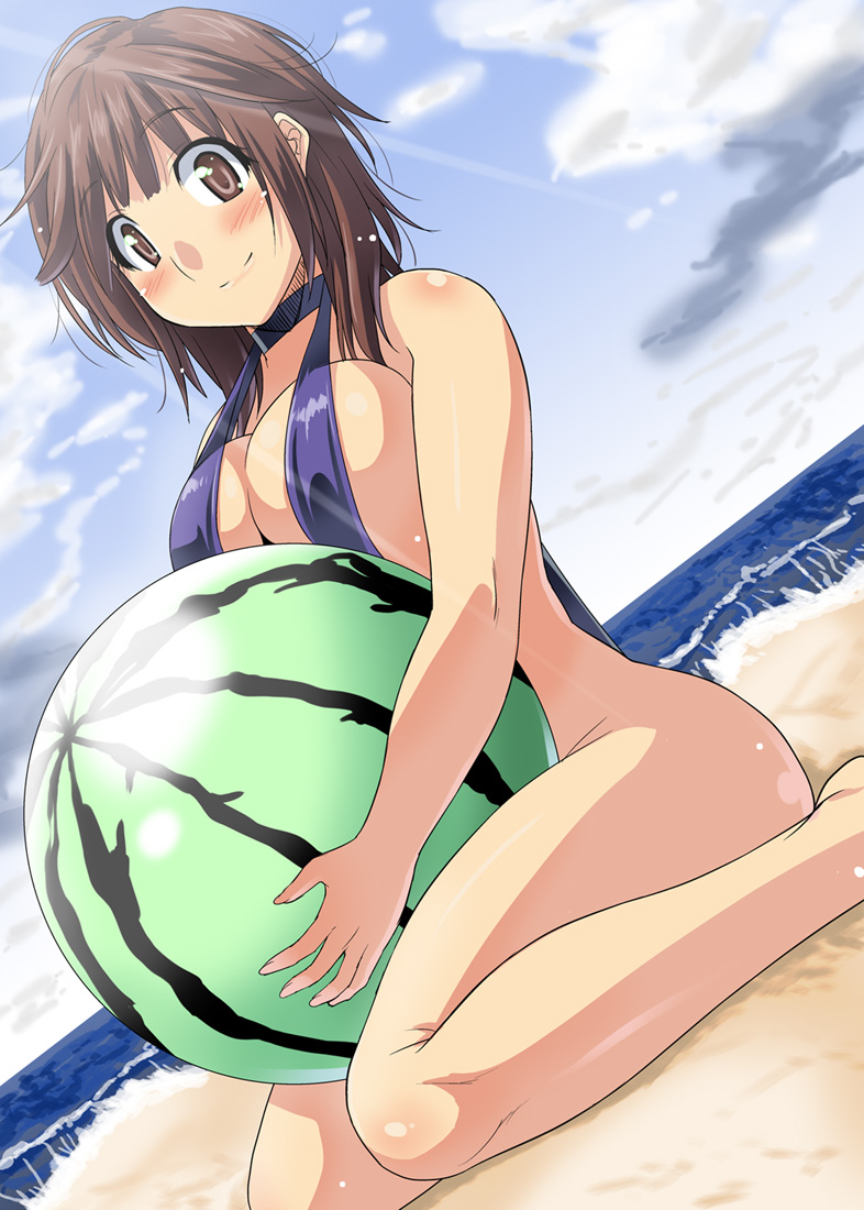 :) amagami ass bakadere bare_hips bare_legs barefoot beach beach_ball bent_over blush brown_hair feet knees legs micro_bikini ocean sakurai_rihoko sand sea smile swimsuit teen teen_girl teenage teenage_girl teenager