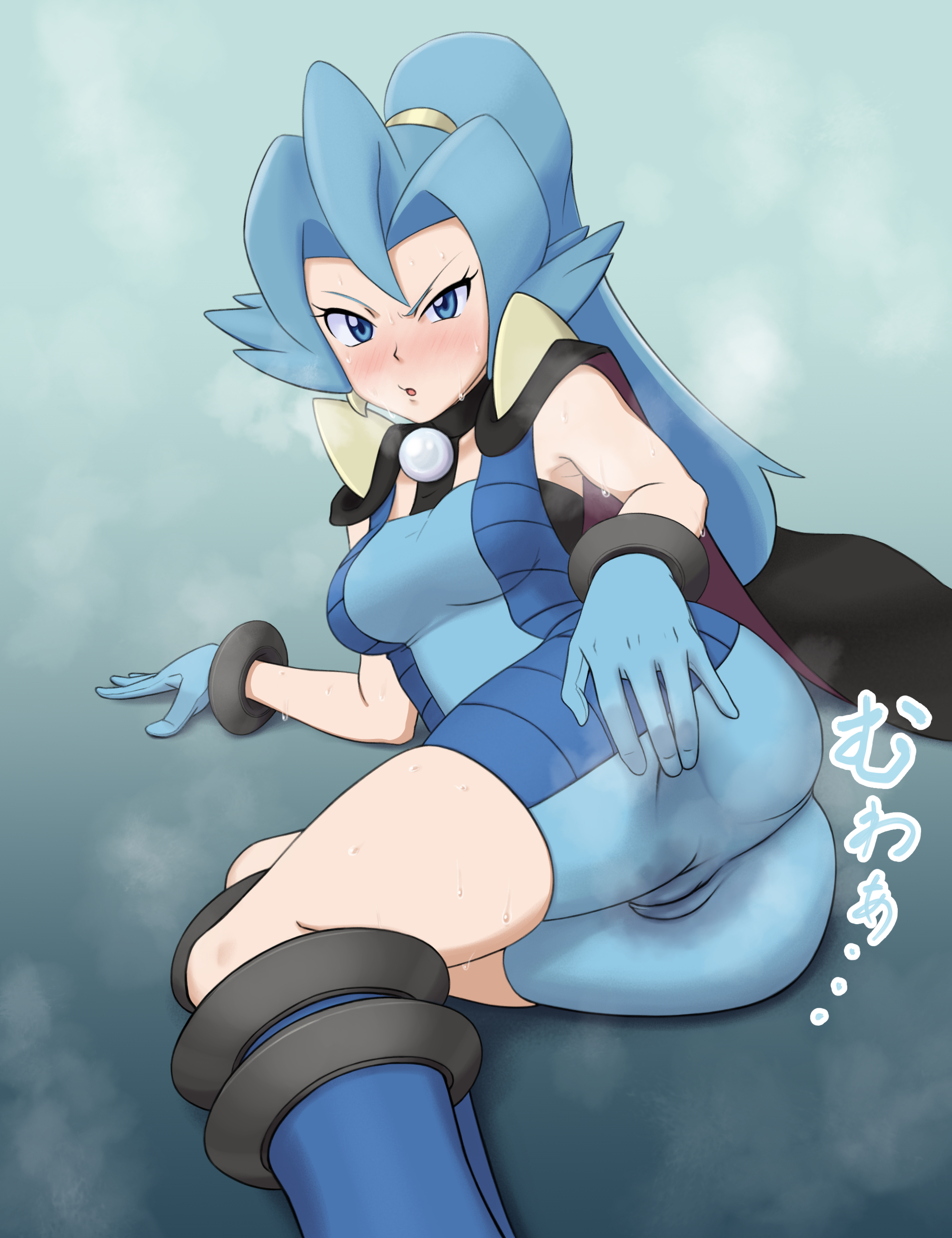 1girls, ass, blue eyes, blue hair, blush, bodysuit, boots, breasts, cameltoe, clair (pokemon hgss), clair (pokemon), earrings, eye contact, female, gloves, heavy breathing, high heel boots, light skin, light-skinned female, long hair, looking at viewer, miraa (chikurin), nintendo, open mouth, pale skin, pale-skinned female, pokemon, pokemon gsc, pokemon hgss, ponytail, pussy, sweat, thighs, wet clothes