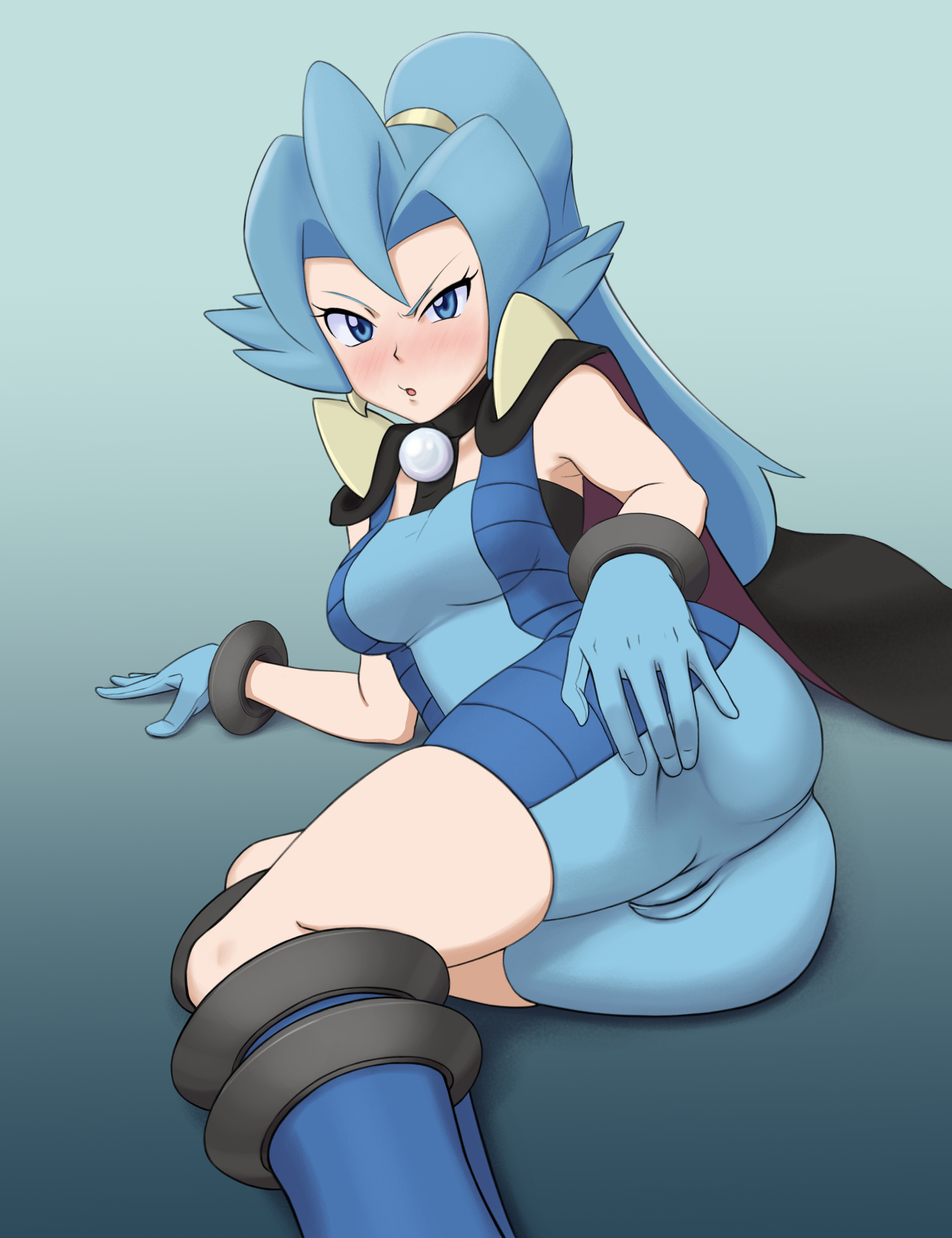 1girls, ass, blue eyes, blue hair, blush, bodysuit, boots, breasts, cameltoe, clair (pokemon hgss), clair (pokemon), earrings, eye contact, female, gloves, high heel boots, light skin, light-skinned female, long hair, looking at viewer, miraa (chikurin), nintendo, open mouth, pale skin, pale-skinned female, pokemon, pokemon gsc, pokemon hgss, ponytail, pussy, thighs