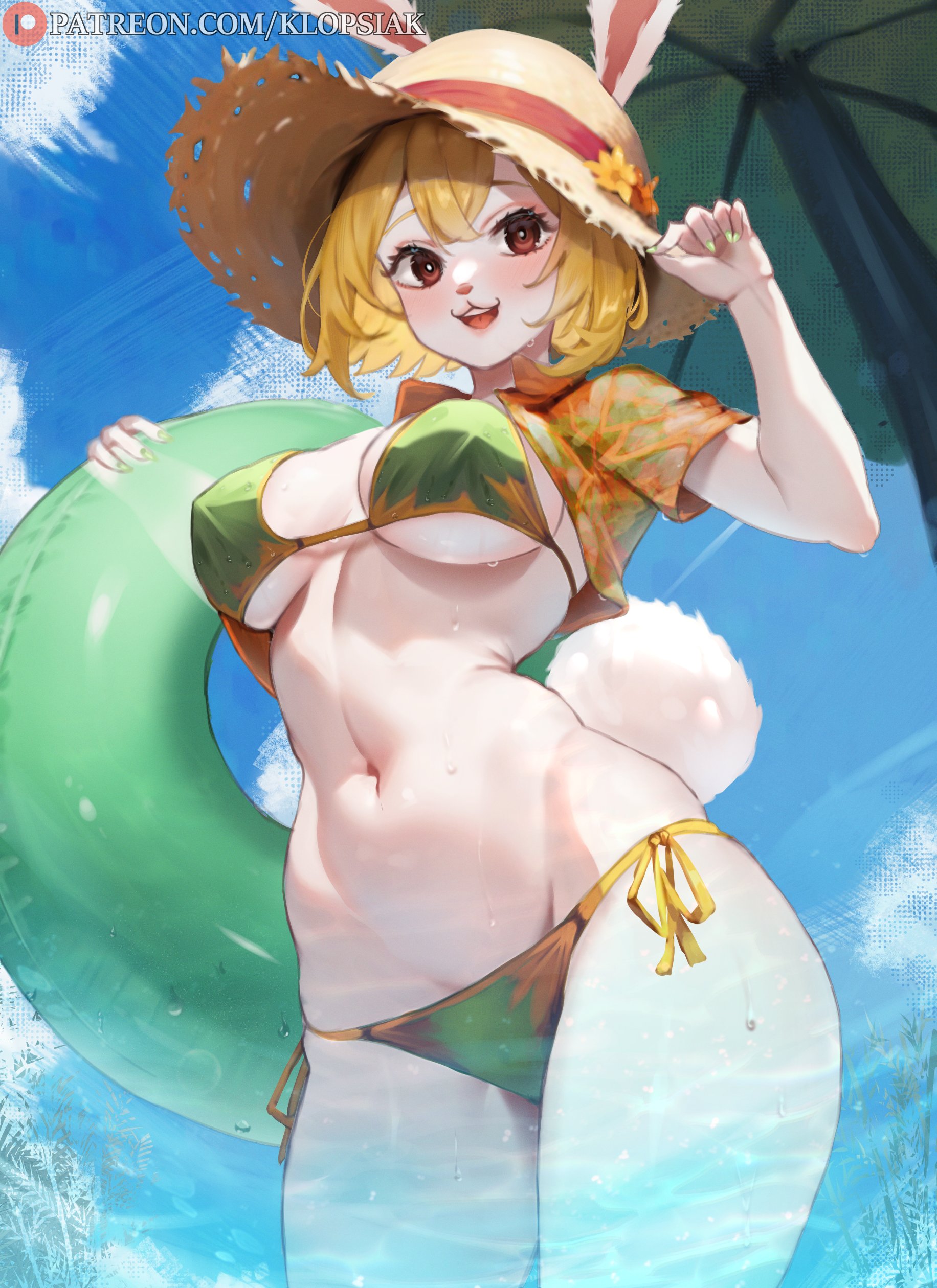 1girls, anime, anime style, beach, big breasts, bikini, blonde hair, blonde-haired female, breasts, bunny ears, bunny girl, bunny tail, carrot (one piece), cute, female, female only, happy, hat, klopsiak, low-angle view, one piece, open mouth, red eyes, shirt, short hair, shorts, sky, smile, straw hat, water, wet, wet shirt, white fur