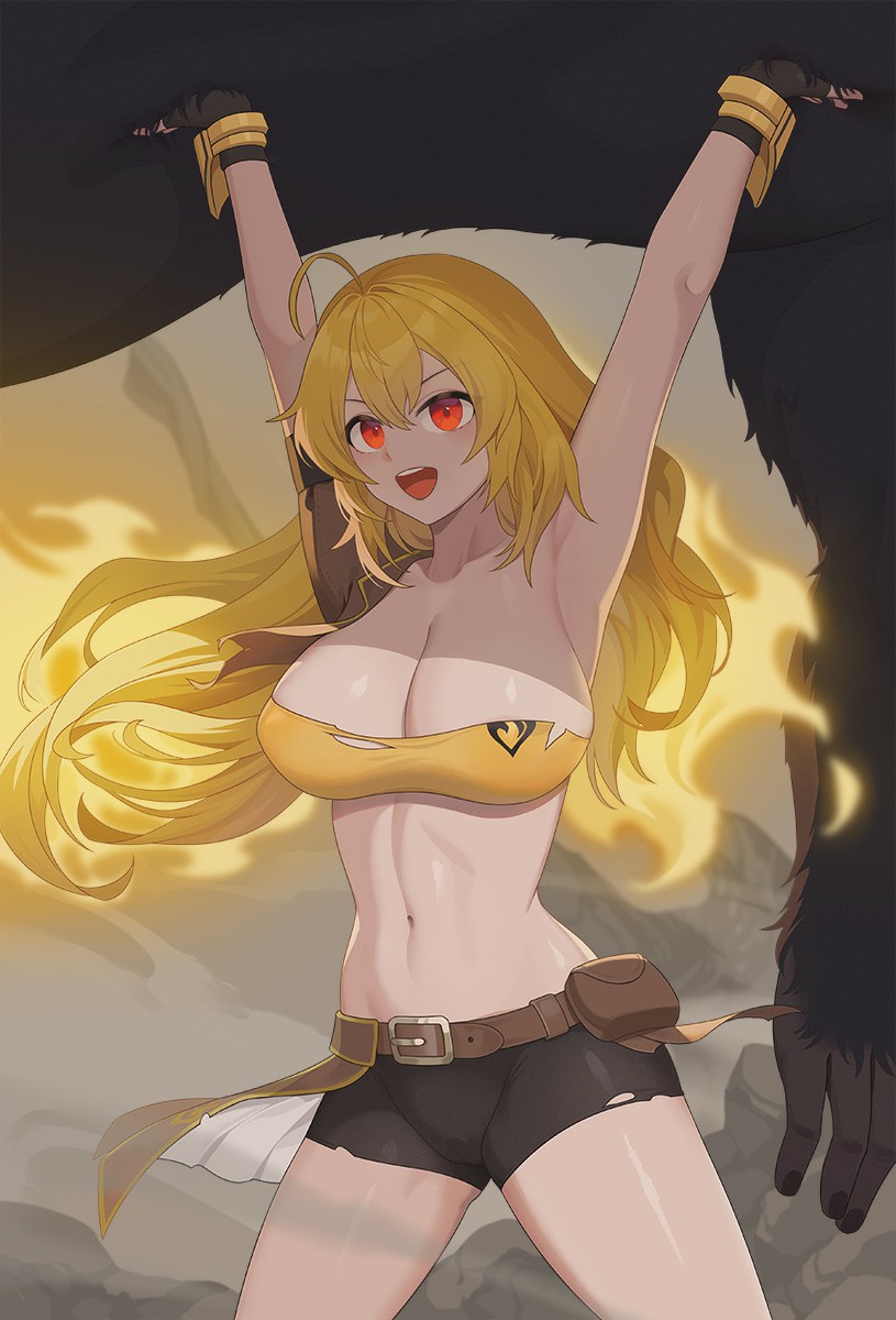 1girls big_breasts blonde_female blonde_hair bw-ring cleavage crop_top lifting long_hair long_hair_female red_eyes ripped_clothing rwby tubetop yang_xiao_long