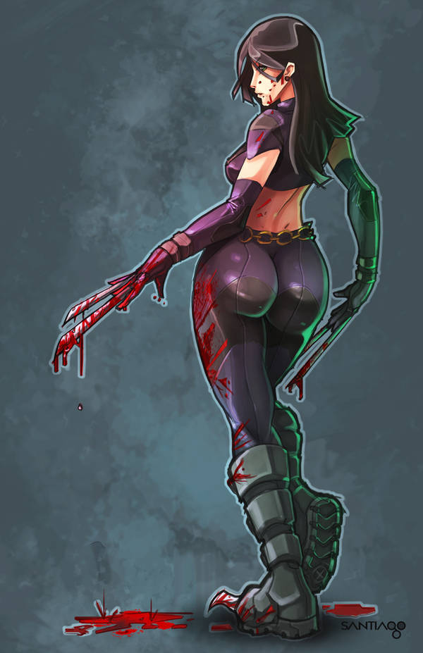 1girls, 2d, ass, black hair, blood, boots, breasts, claws, clone, color, female, female only, fully clothed, gloves, huge ass, laura kinney, long hair, looking back, marvel, marvel comics, mutant, pants, skin tight, solo, solo female, solo focus, standing, tight pants, x-23